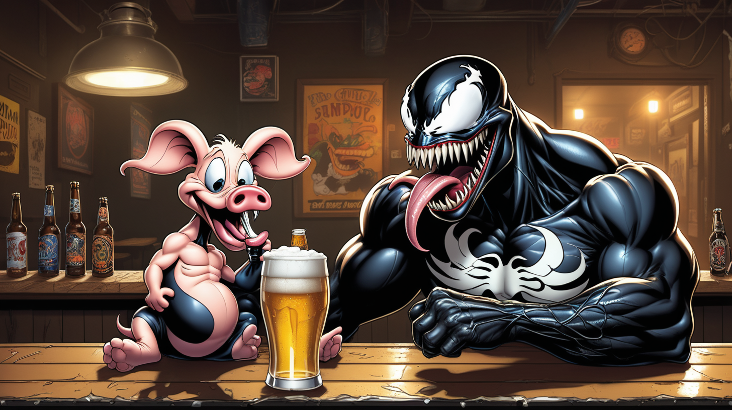 Venom drinking a beer at a bar with porky pig