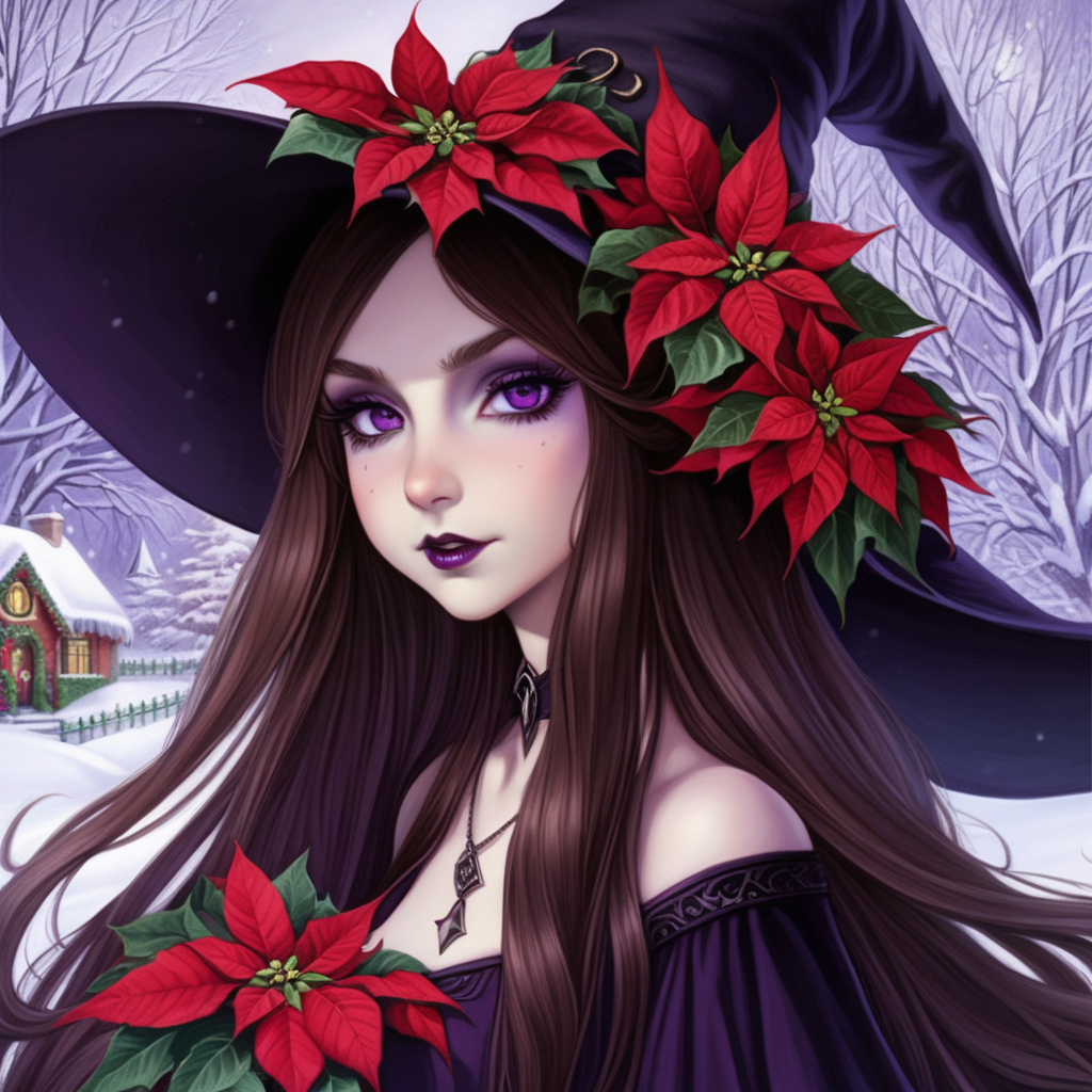 Long hair, brown hair, purple eyes, witch hat, poinsettias, Christmas, Yuletide, Yule, snow, dark, fantasy, goth