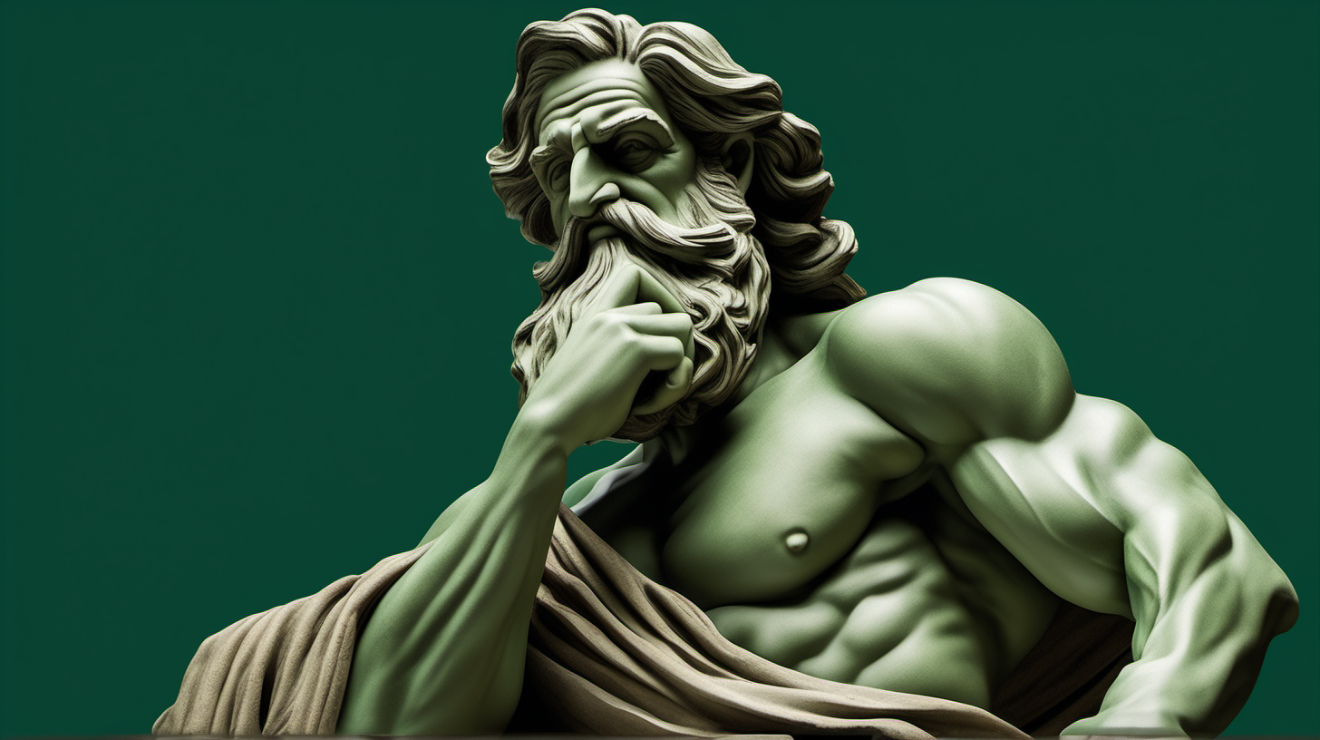 Create a visually stunning and detailed AI-generated image of a Greek-inspired old man statue sitting on the stairs of a palace carved from dark green stone, featuring muscular physique, long flowing hair, a beard, and draped in a single cloth that elegantly hangs from one shoulder."
also dark green background.