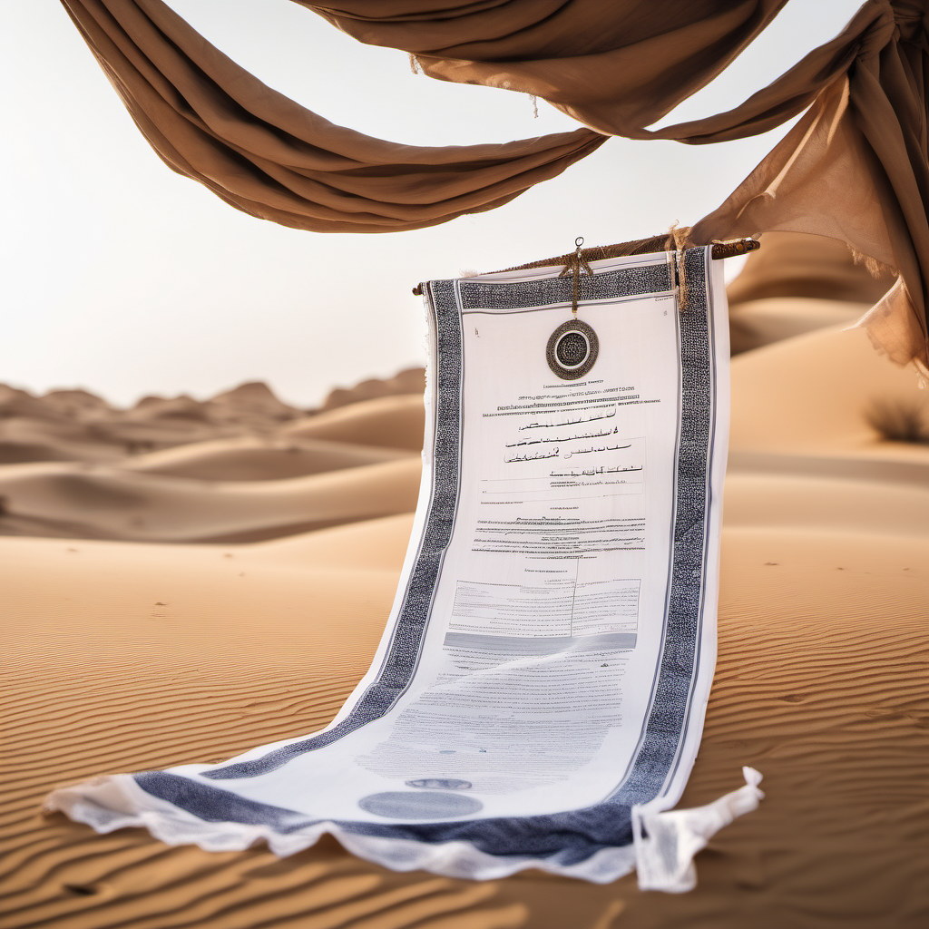 a muslim nikkahnama printed on a huge fabric hanging and flowing in the desert