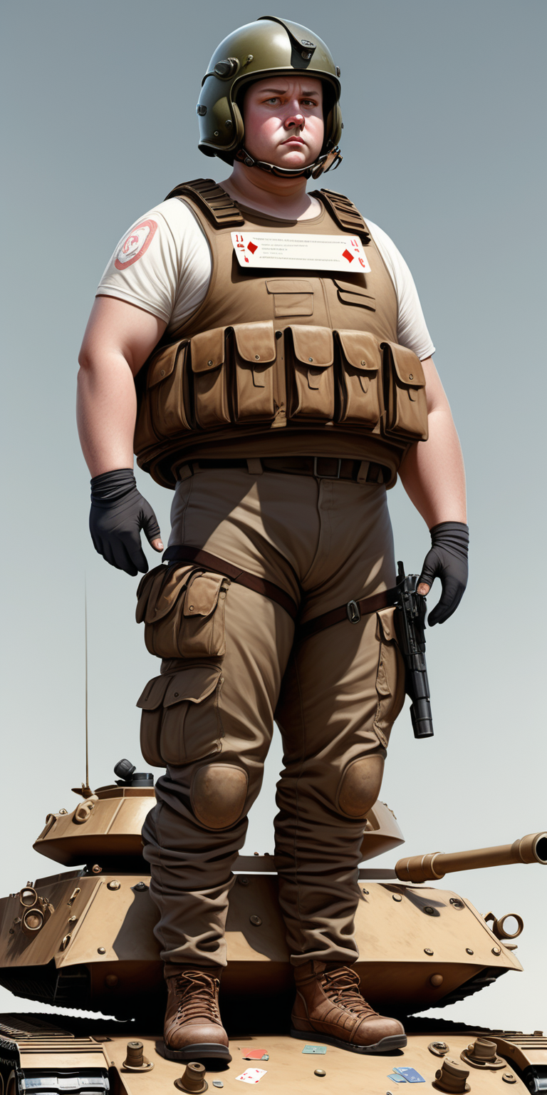 realistic slightly overweight  male Brown haired stood on a tank with cards on his helmet