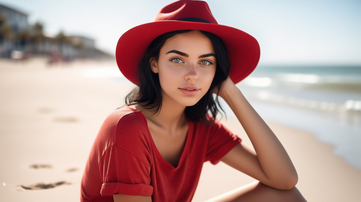 A photo of a beautiful  25 yo woman sitting on a sandy beach, wearing a hat and a red shirt. She is posing for the camera, sexy, and her outfit includes a pair of blue shorts. The beach setting and her attire create a relaxed and summery atmosphere. This photography is the best representation of female beauty, shiny black hair, hazel eyes, big tits. Extremely realistic textures and warm colors give the final touch. Sharp focus and realistic shadows add to the scene