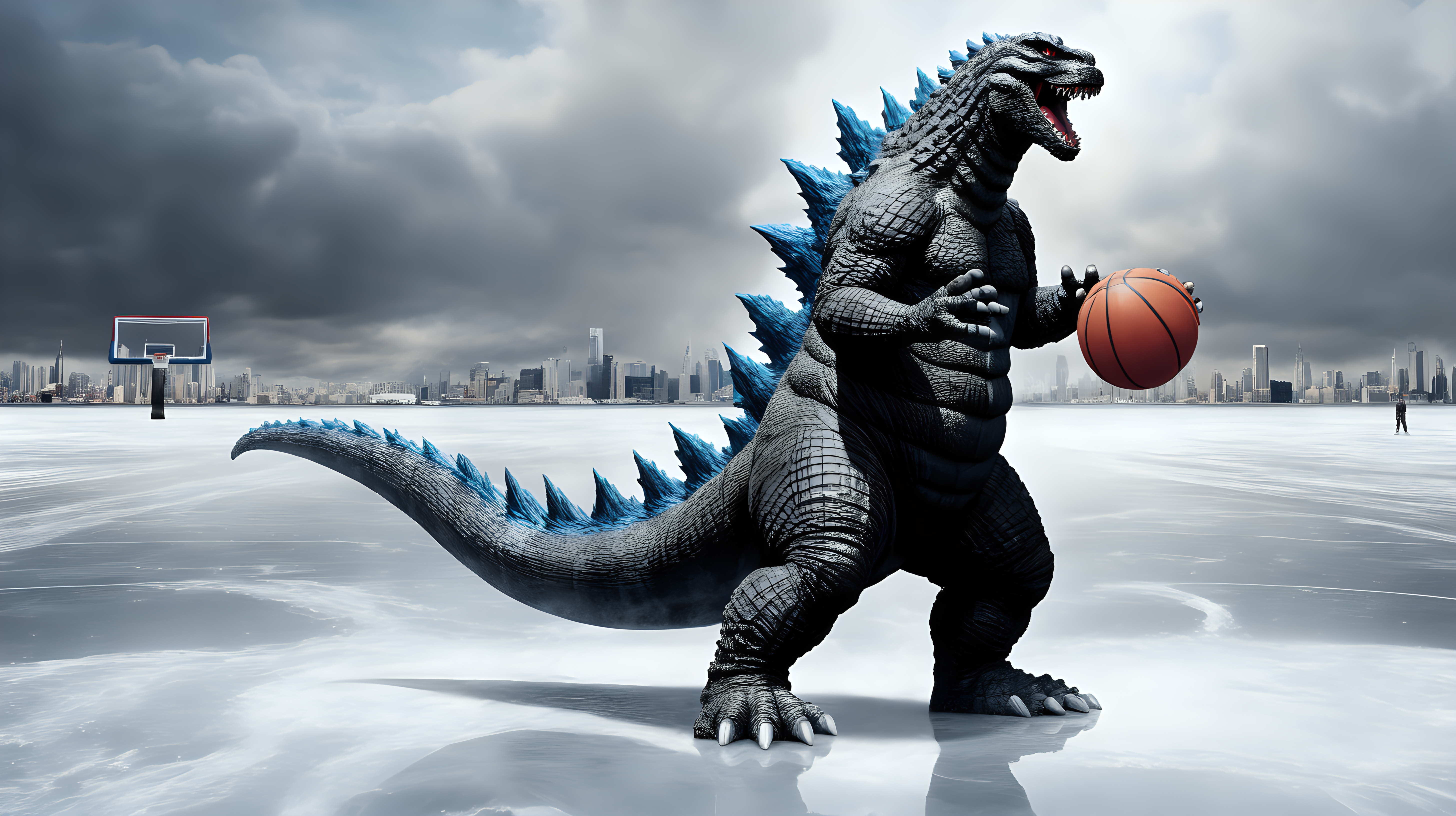 Godzilla playing basketball on ice