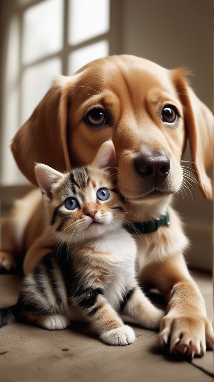 /imagine A very realist photo of  house animals like cats and dogs together