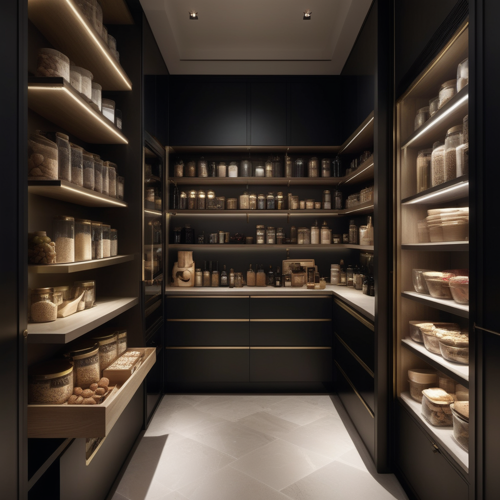 hyperrealistic of an elegant modern Parisian pantry at night; mood lighting;  Limestone flooring; glass canisters of food; beige, oak, brass and black colour palette; --no neighbour houses
