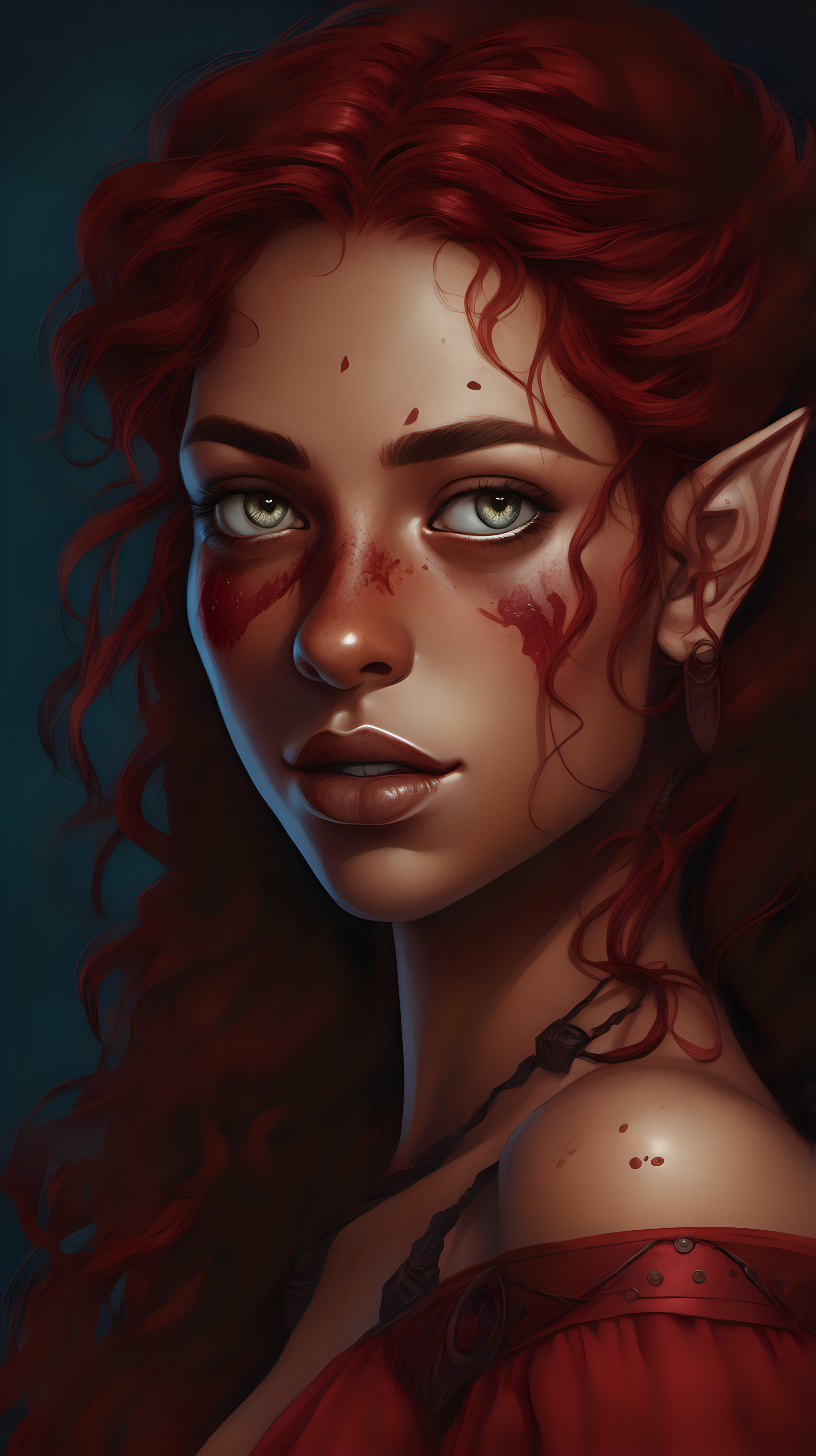 A half-elf woman with tan skin and freckles. Her left eye is blue and her right eye has a red iris and a black sclera. Her hair is dark red and curly. She is wearing a red dress. She has dark red lips and a scar on the side of her lips. 
