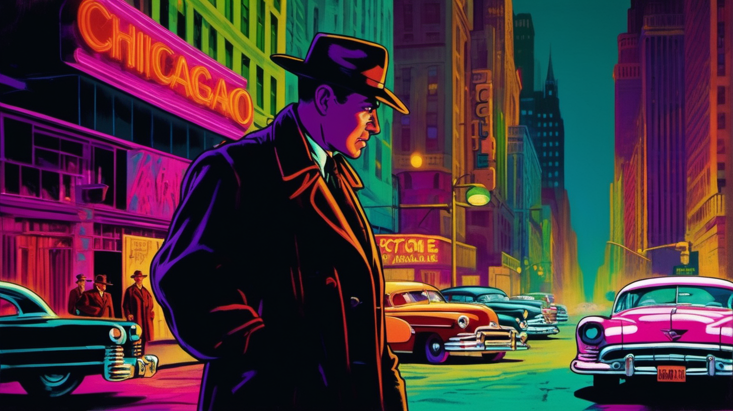 A detective carrying a rifle staring at the camera in the foreground on a downtown neon Chicago street, circa 1950. Colorful Modernism style.