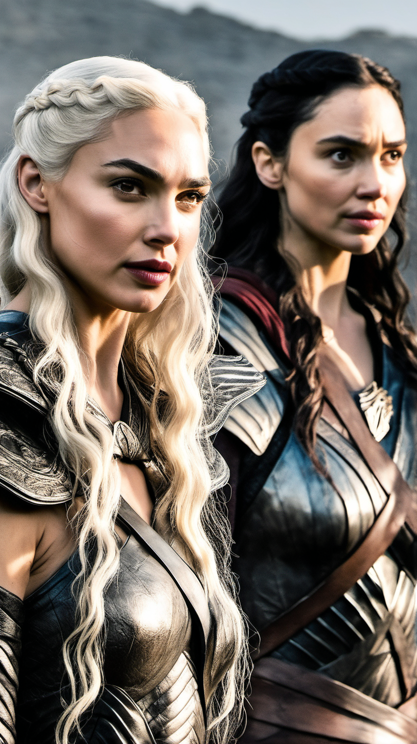 Gal Gadot, with long platinum blonde hair standing with beside Daenerys Targaryen