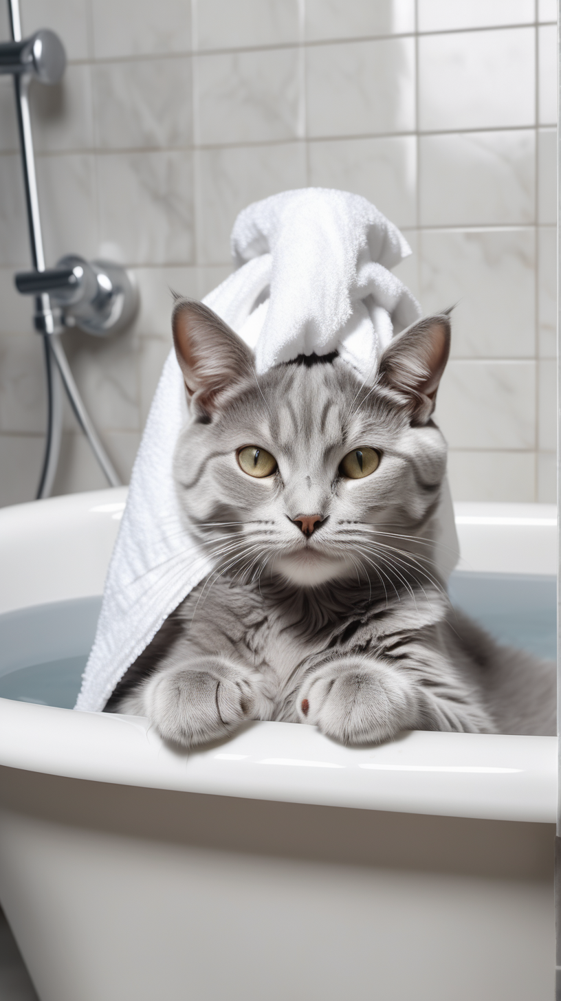 Niedliche graue Katze, die ausgestreckt in der Badewanne liegt, so dass ihre Pfoten von der Wanne aus sichtbar sind, mit ((weißer)) Schönheitsmaske im Gesicht, mit Badetuch auf dem Kopf, Fotorealismus, Hyperrealismus