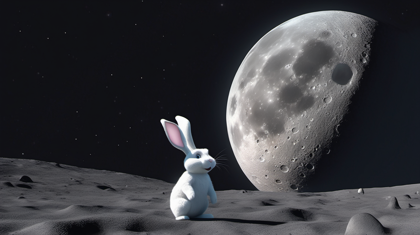 create an image of the surface of the moon as if you were standing on it, pixar style
size, next to a white bunny, standing on the surface of the moon