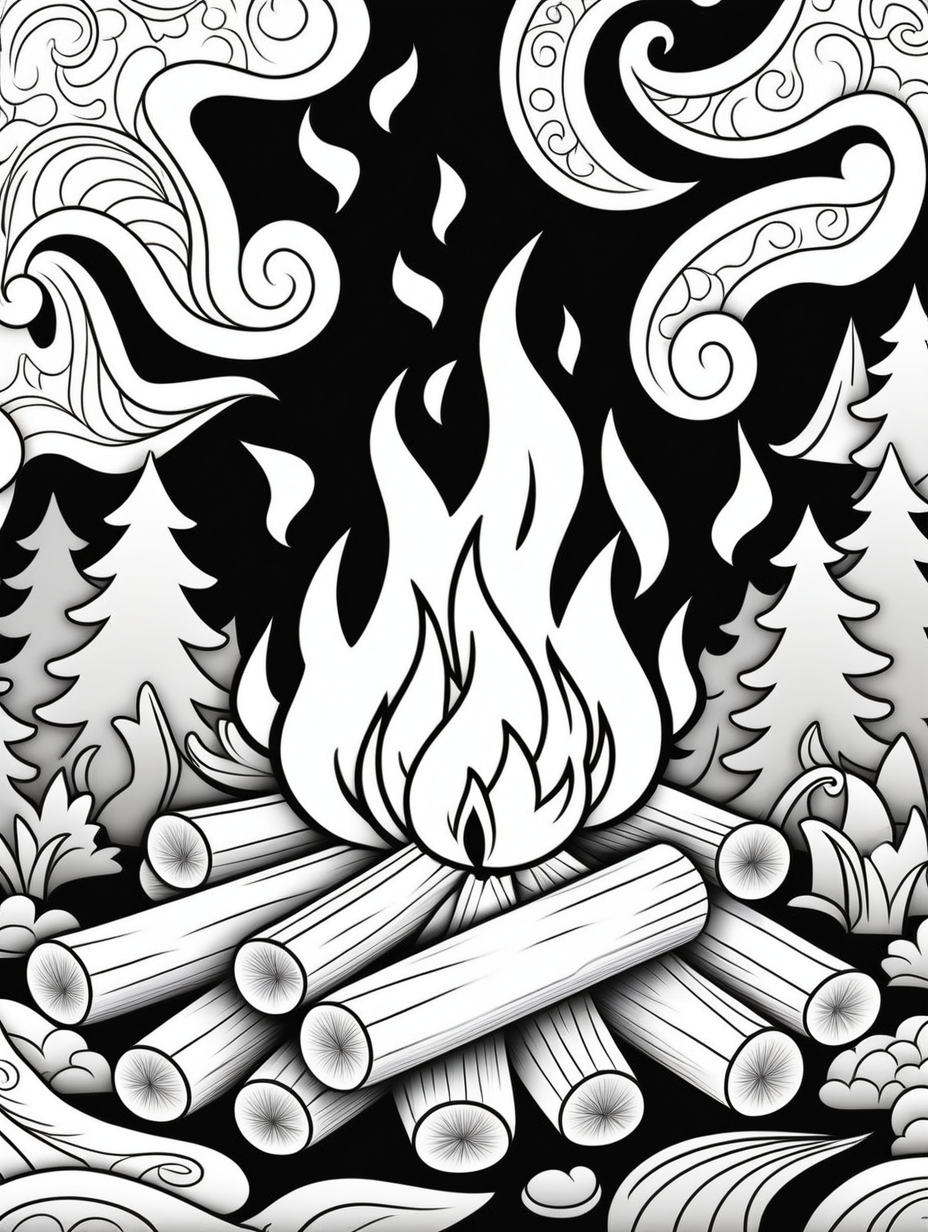 camp fire, paisley pattern background, children's coloring book page, cartoon style, clean line art, line art, coloring book, black and white, no color