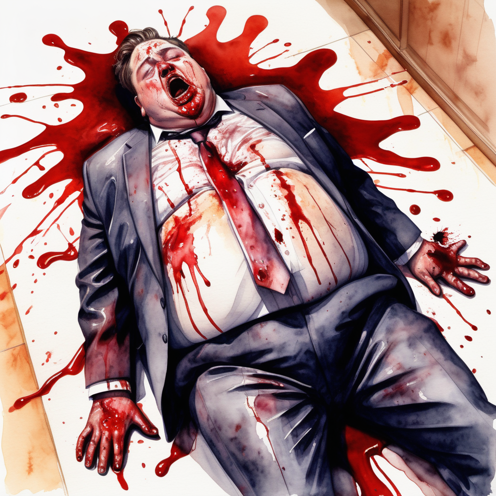 fat man in a suit and tie stained with blood lying on the floor of a room face up as if he were dead with his mouth open and eyes bulging, image based in watercolor paint.