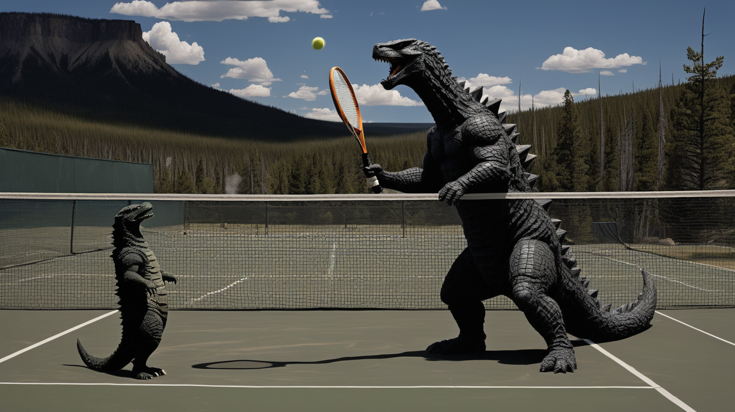Thor and Godzilla playing tennis in Yellowstone National