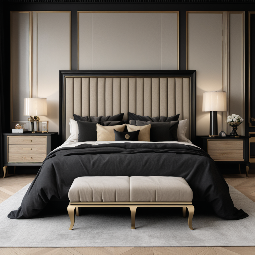 a hyperrealistic image of a modern Parisian King bedroom set
 in a beige oak brass and black colour palette