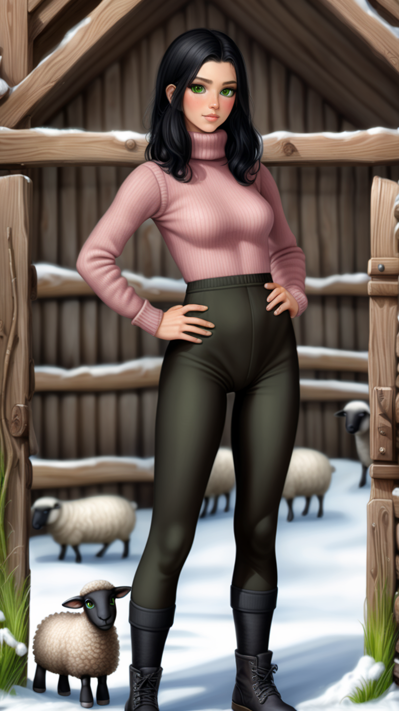 Beautiful country woman with black hair and green eyes. She is wearing elastic leggings and a stretchy black bodysuit.Thick brown sweater, over it felted green bodice without sleves. He wears coarsely knitted brown woolen socks up to the middle of his feet. He also wears white ankle-length knitted slippers. Over the leggings and bodysuit, she wore a two-piece bottom in pink. Wearing black short rubber felted boots and working in the barn. Winter, mud, many small sheeps. Wood , snow. 