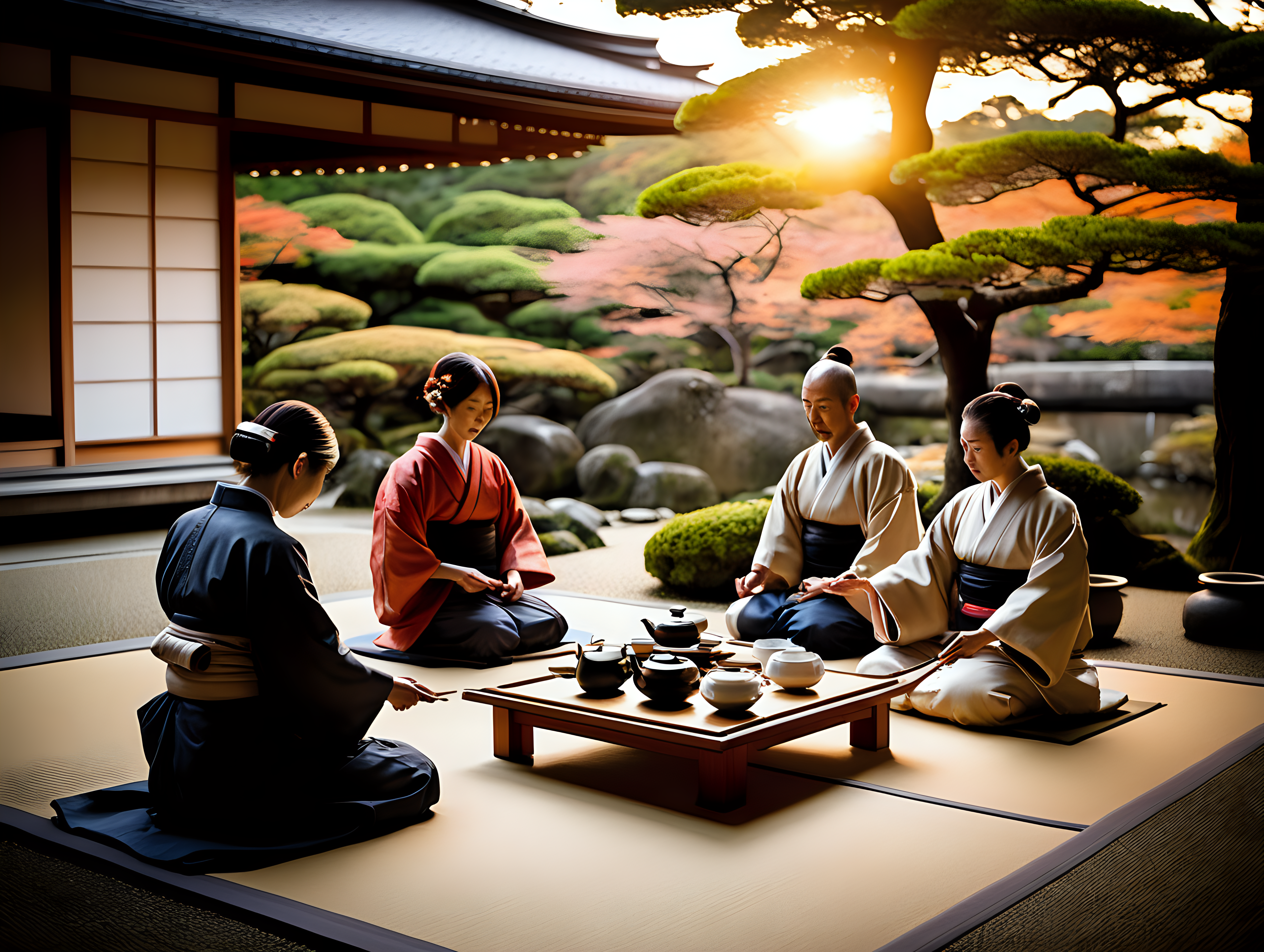 a tea ceremony with a tea master and 3 guests by the garden at Ryoanji Temple in Kyoto japan at sunset