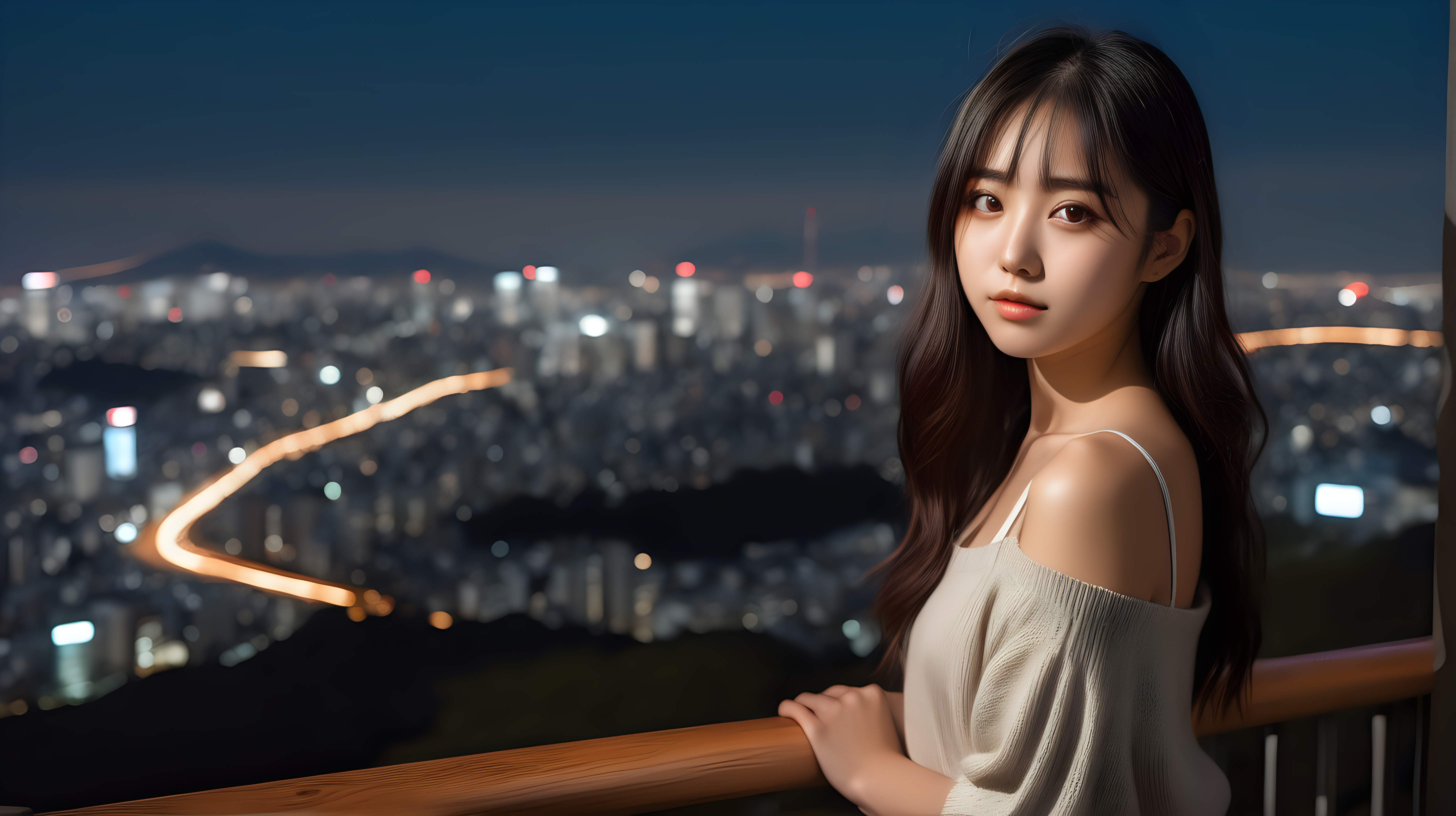 A 25 yo japan woman in a delightful afternoon. She is standing looking at the camera, She is standing on leaning against a wooden railing. We are on the outskirts of the city of Tokyo on a hill. In the distance you can see the city of Tokyo, with its lights and colors. It's night but it's bright. She wears a k-pop look.This photography is the best representation of female beauty, shiny dark hair, hazel eyes, Extremely realistic textures and warm colors give the final touch. Sharp focus and realistic shadows add to the scene.