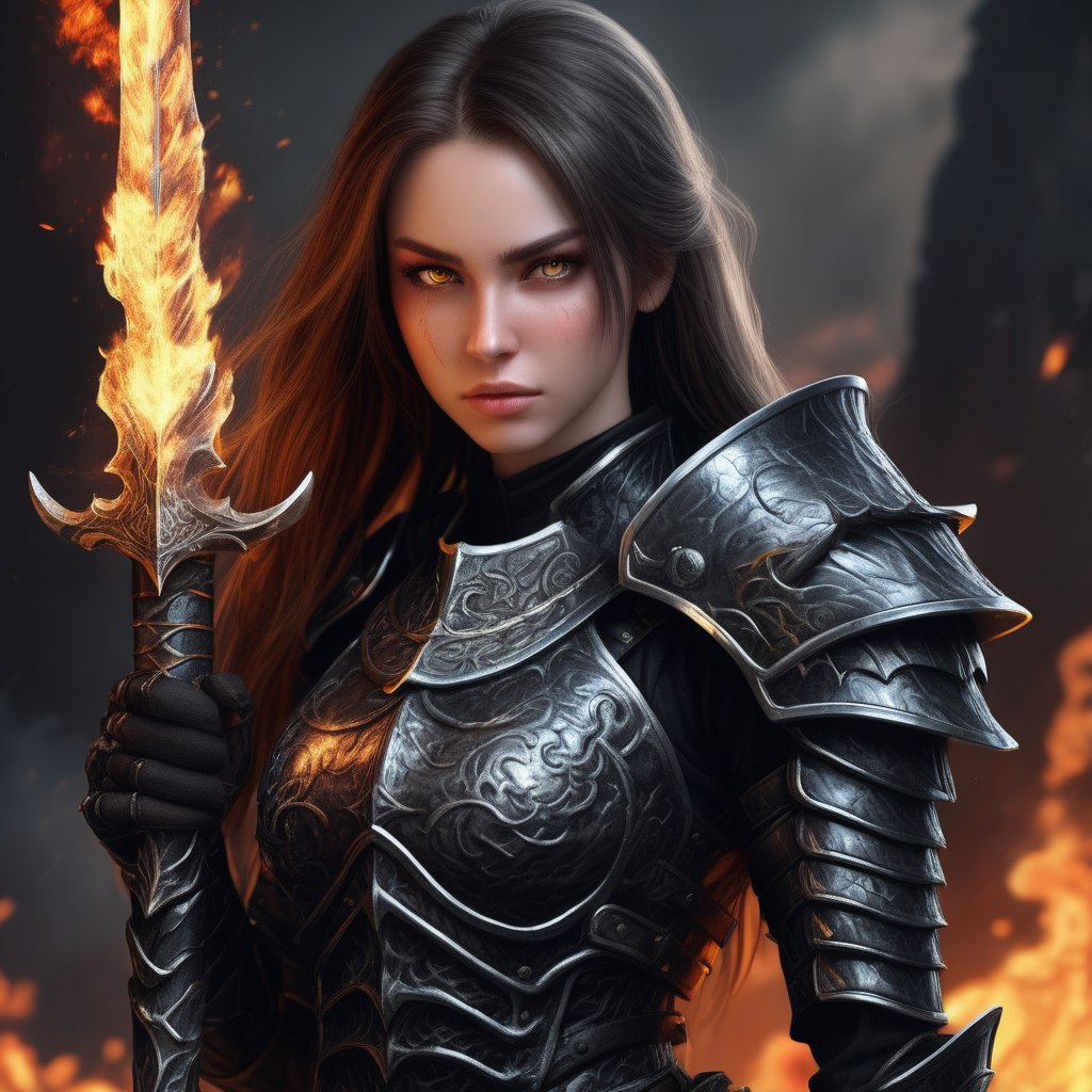 Realistic women with black scary armor Holding fire