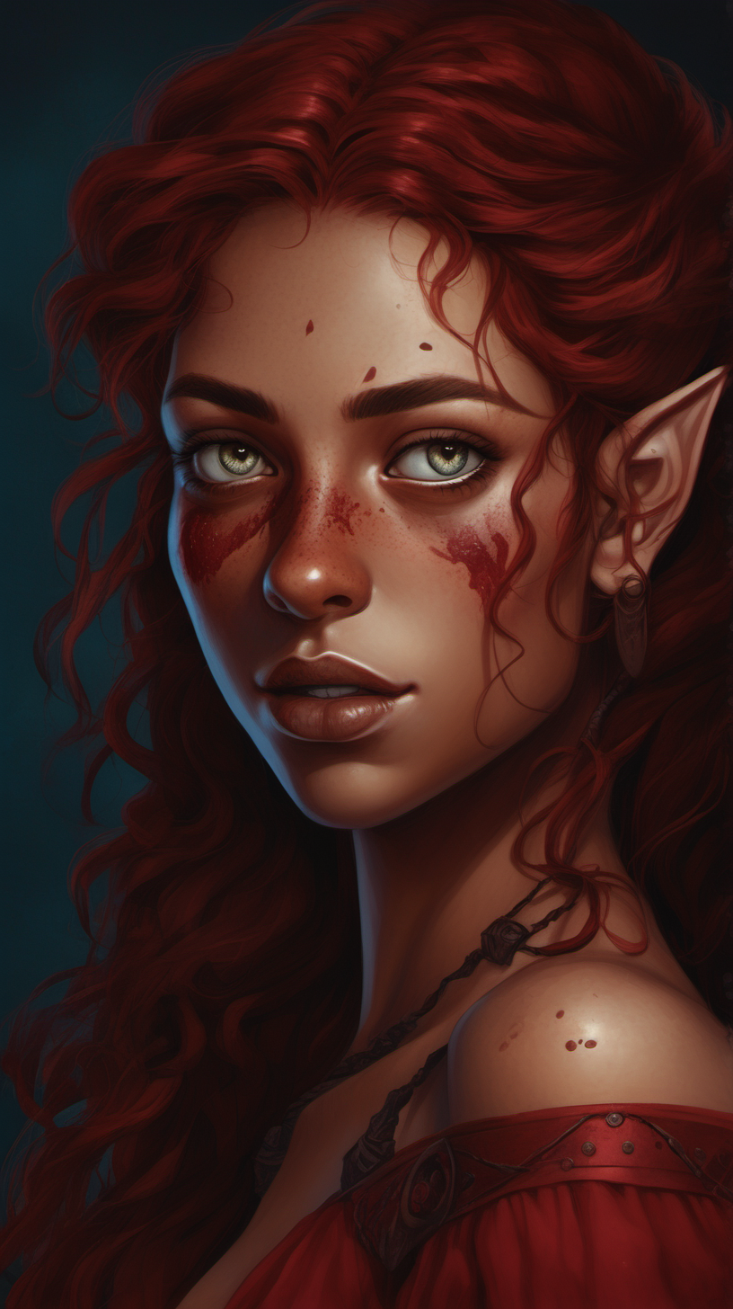A half-elf woman with tan skin and freckles. Her left eye is blue and her right eye has a red iris and a black sclera. Her hair is dark red and curly. She is wearing a red dress. She has dark red lips and a scar on the side of her lips. 