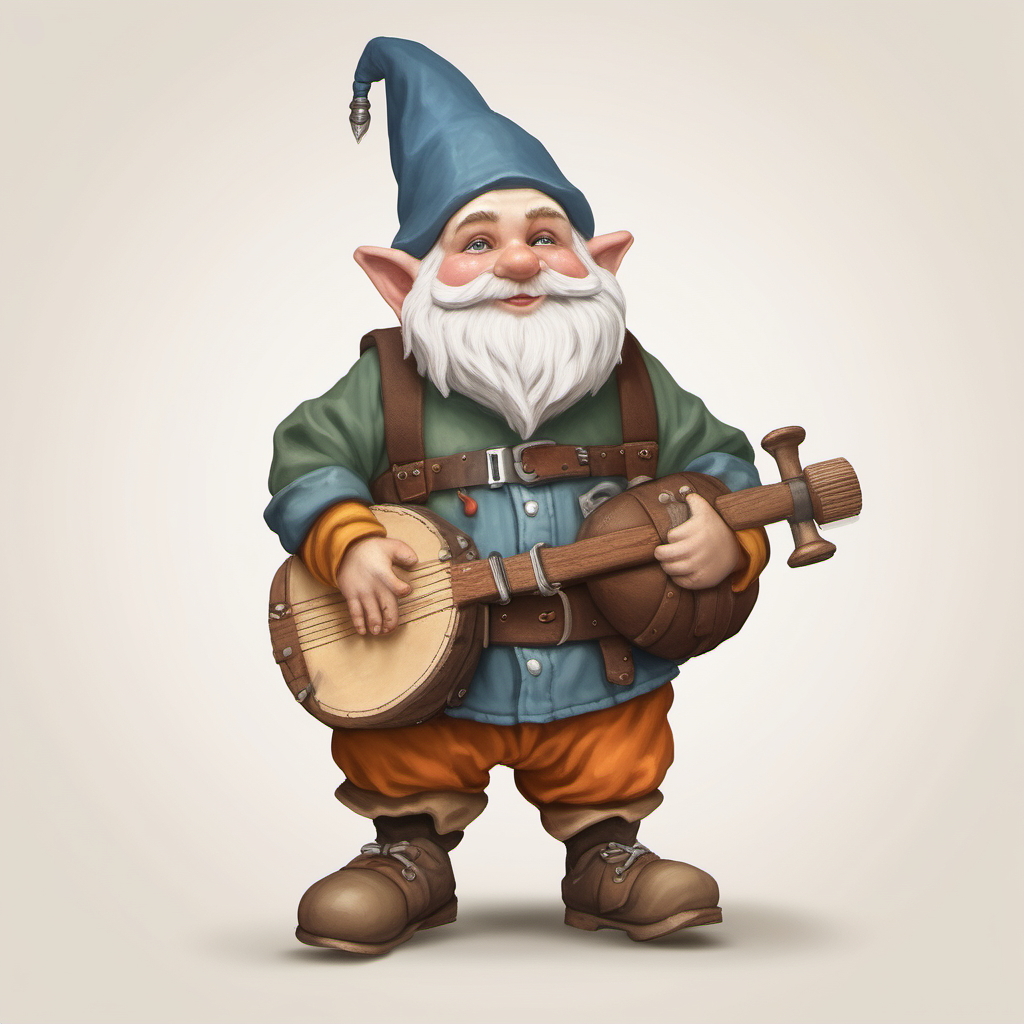 A Gnome wearing a tool belt and carrying a lute.

