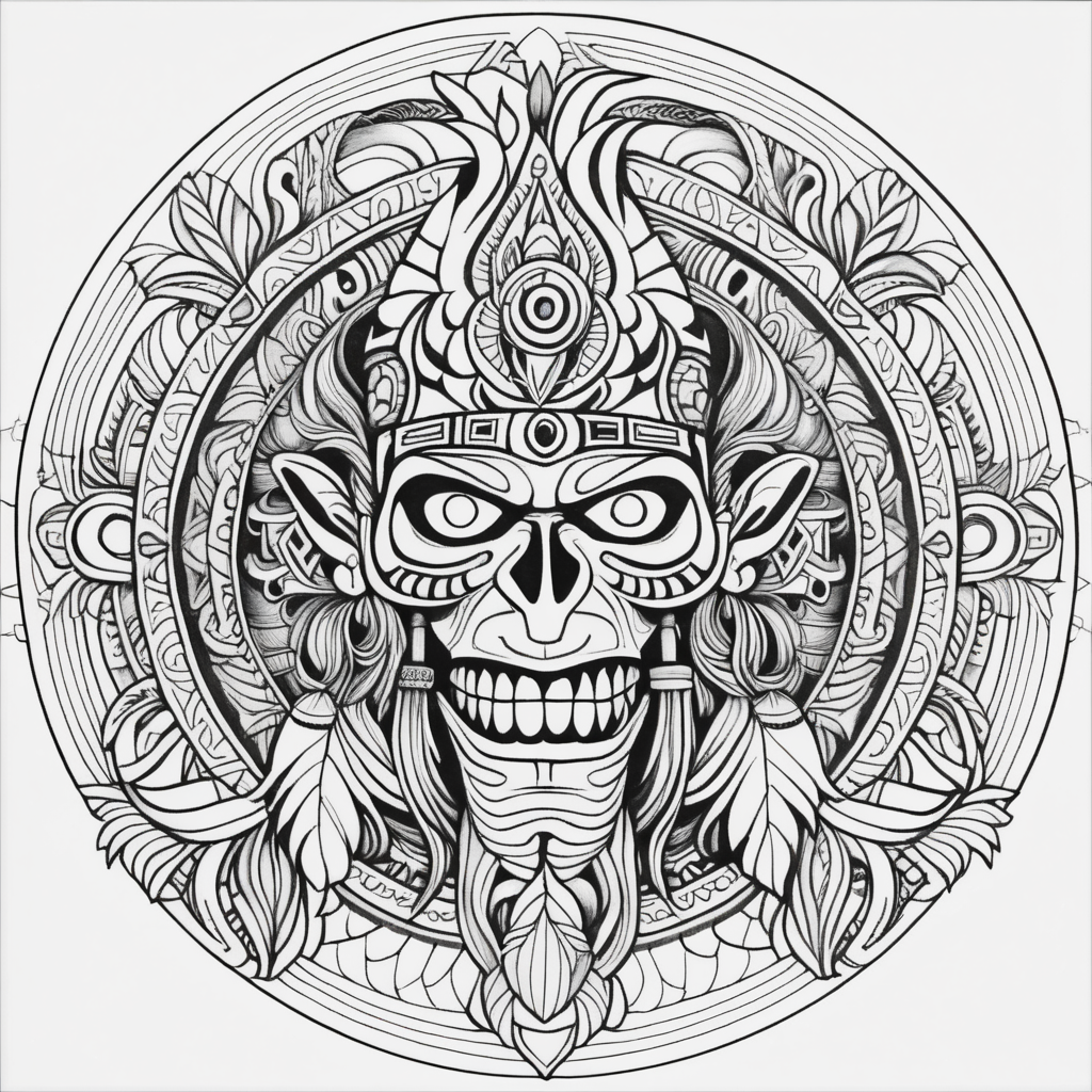 adult coloring book, black & white, clear lines, detailed, symmetrical mandala witch doctor