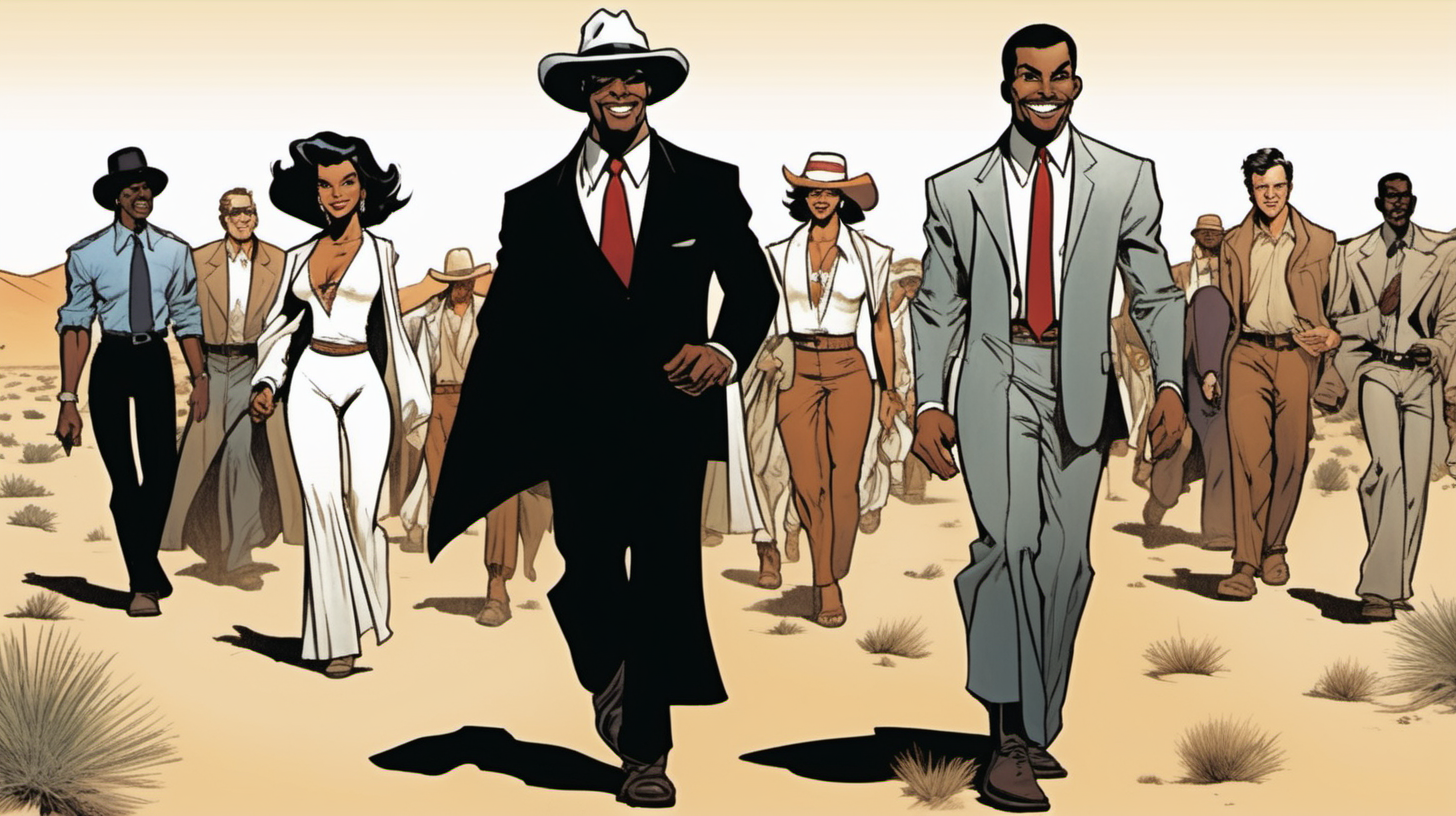 three black & spanish men with a smile leading a group of gorgeous and ethereal white,spanish, & black mixed men & women with earthy skin, walking in a desert with his colleagues, in full American suit, followed by a group of people in the art style of bruce timm comic book drawing, illustration, rule of thirds