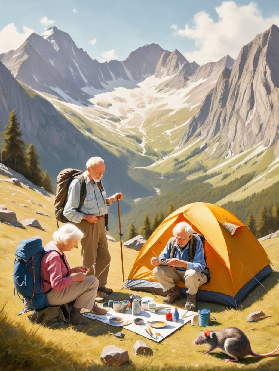 an elderly Caucasian husband and wife, doing an oil painting in an mountainous environment, sunny day, with campsite and tent in background, there is a backpack beside them, big rat in the foreground