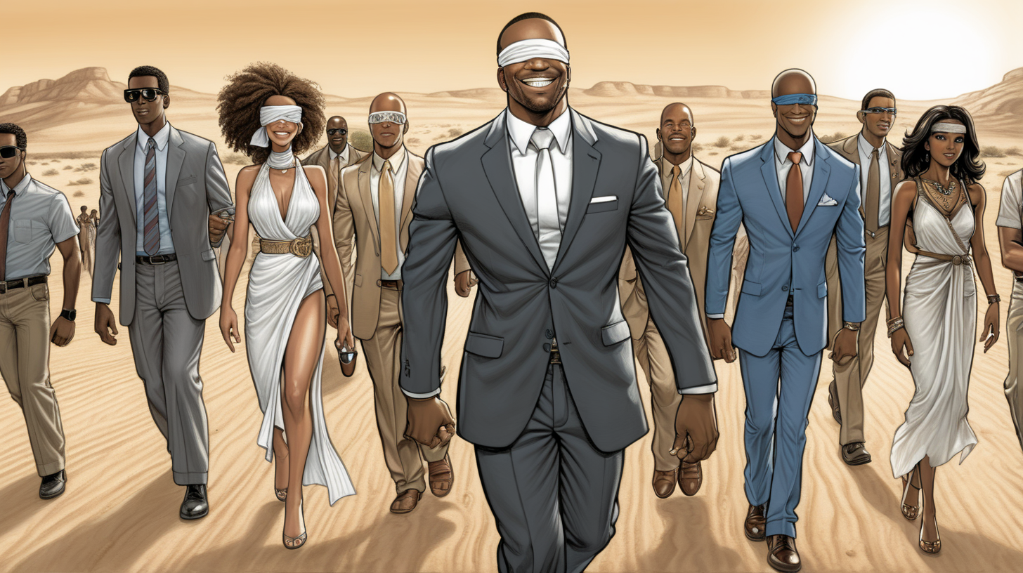 a blindfolded black man with a smile leading a group of gorgeous and ethereal white and black mixed men & women with earthy skin, walking in a desert with his colleagues, in full American suit, followed by a group of people in the art style of Shawn Martianbrough comic book drawing, illustration, rule of thirds