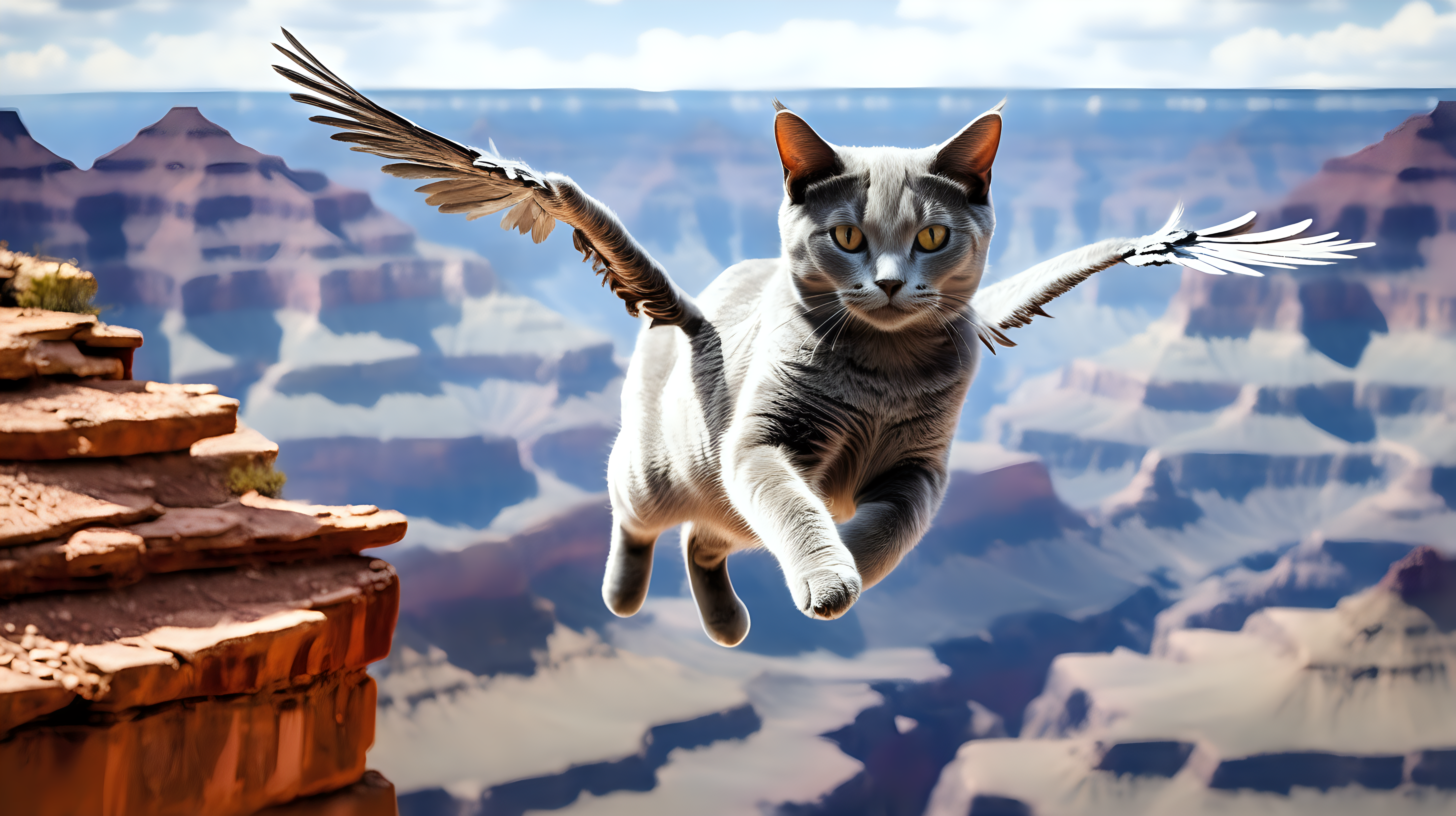 gray cat with wings jumping over grand canyon