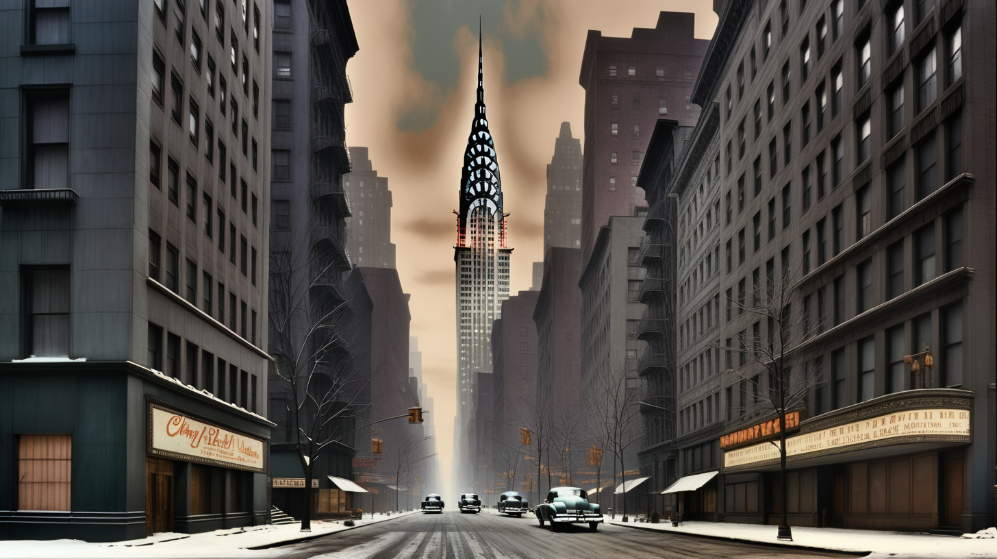 Deserted downtown New York City, circa 1955, in winter at evening, street level looking towards the Chrysler Building. Color, cloudy sky, Art Nouveau style.