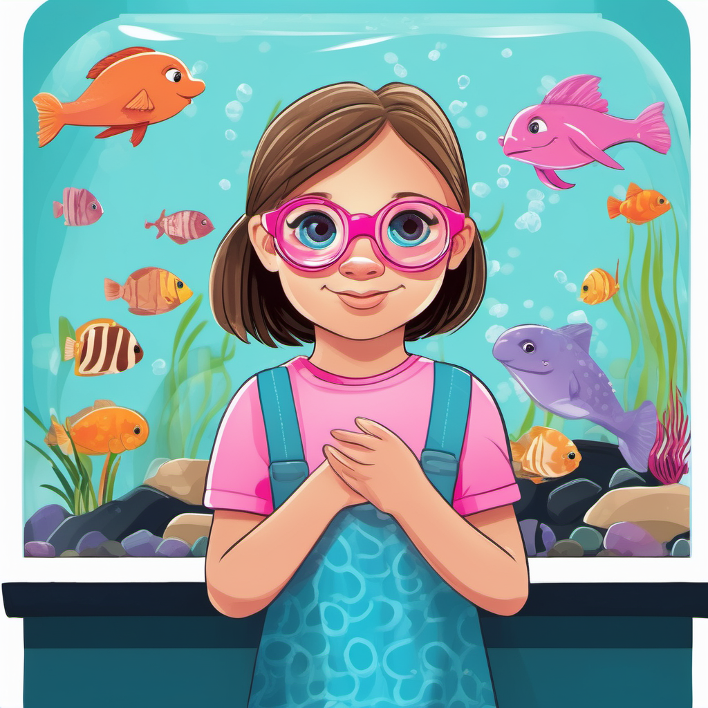 Design a cover for a children's book about a little girl visiting a aquarium.  No text. Include a 5 year old girl with pink eyeglasses.