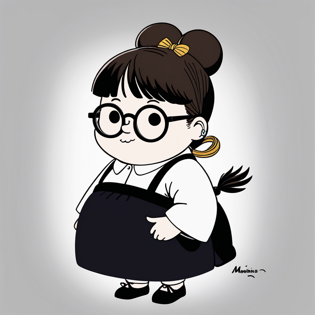 Imagine a chubby Little My from the Moomins. Her favorite clothing colour is black and inspired by wednesday adams. she wears big square golden glasses. Her hair is wavy and dark brown. hair is tied up to one big messy bun with a super short straight pony. she has a mischievous grin on her face.The glasses give her an intellectual yet whimsical air, enhancing her unique charm while maintaining her spirited personality from the Moomin stories