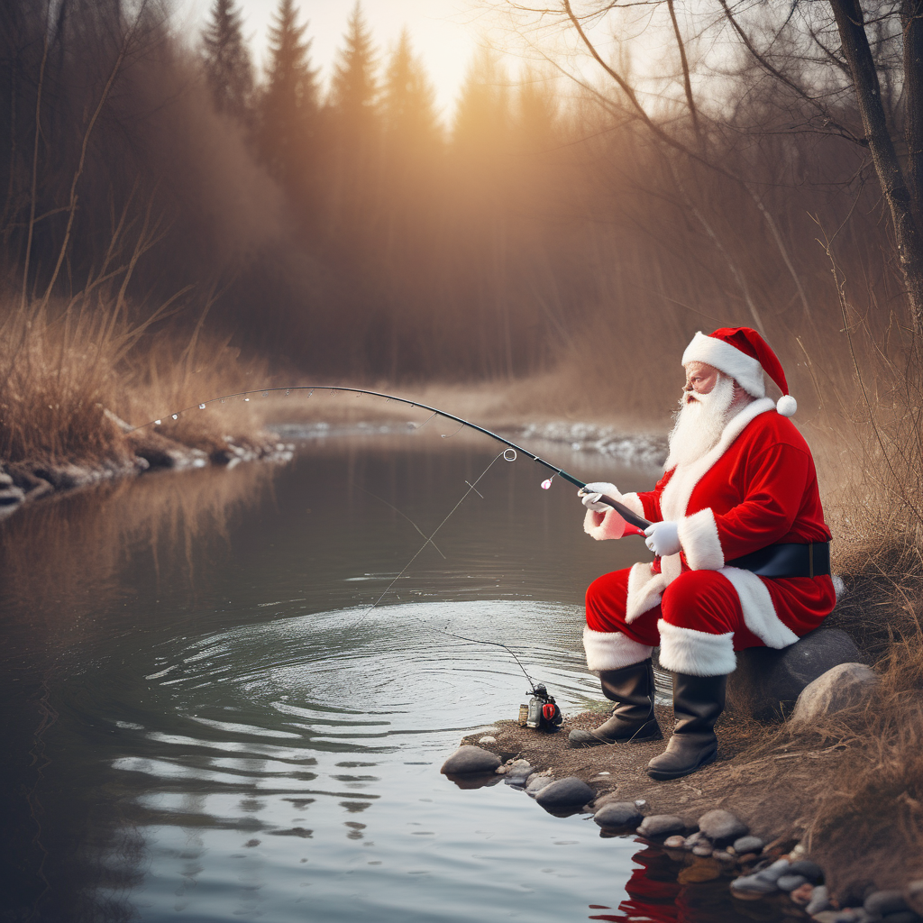 Weihnachtsmann fischt am Bach