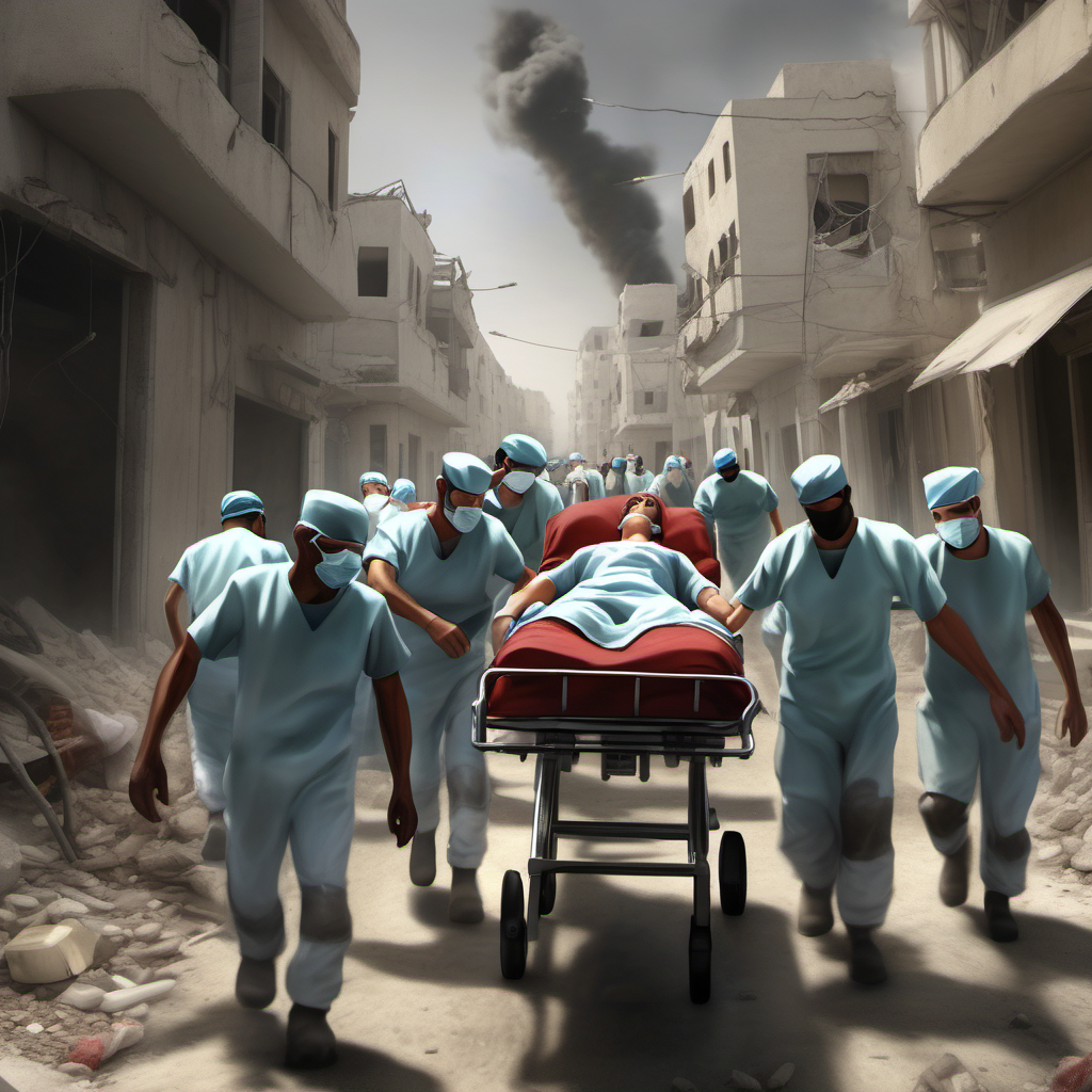 Medical and Rescue Operations: A moving scene showing the tireless efforts of medical and rescue workers in Gaza, portrayed in a style reminiscent of heroic realism, highlighting the bravery and humanity in times of war.