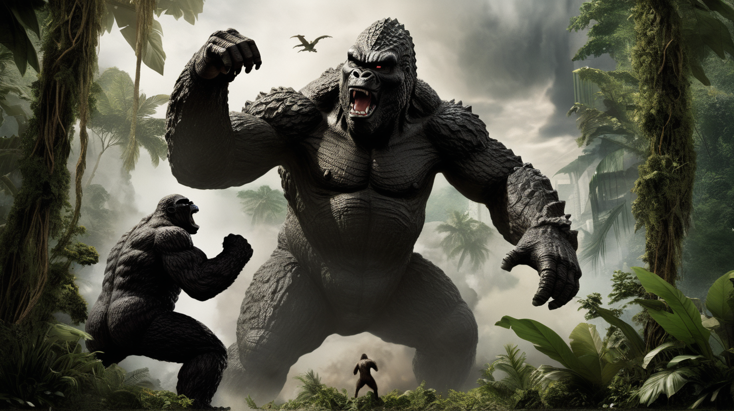 Godzilla and King Kong fighting in the jungle