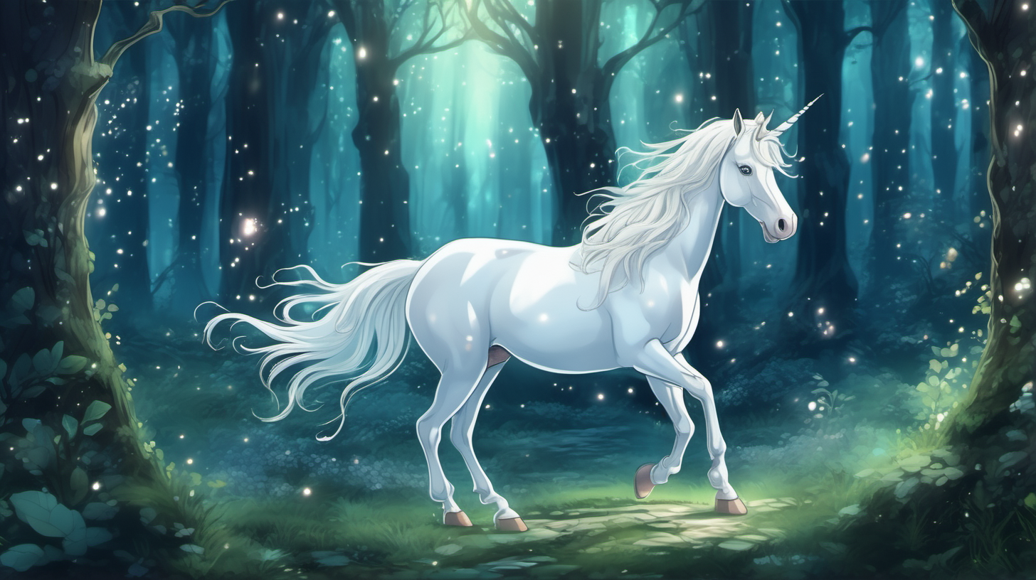 a beautiful majestic white unicorn strolling through an enchanted forest. He leaves trails of stardust as he walks. in cartoon anime style