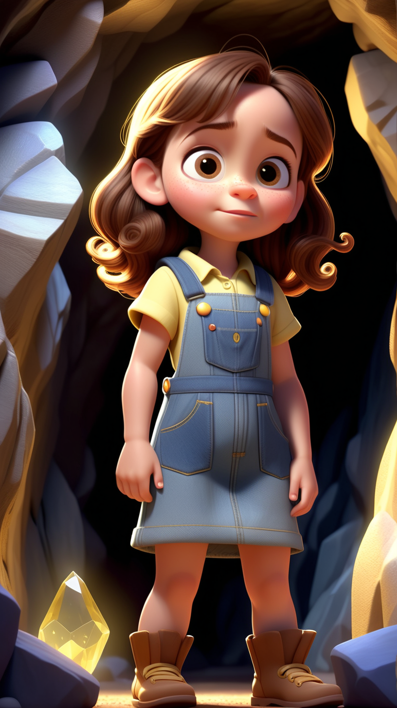 imagine 4 year old small girl with brown hair, fair skin, light brown eyes, wearing a denim dress overall, use Pixar style animation, make it full body size, standing inside a cave holding a Yellow crystal