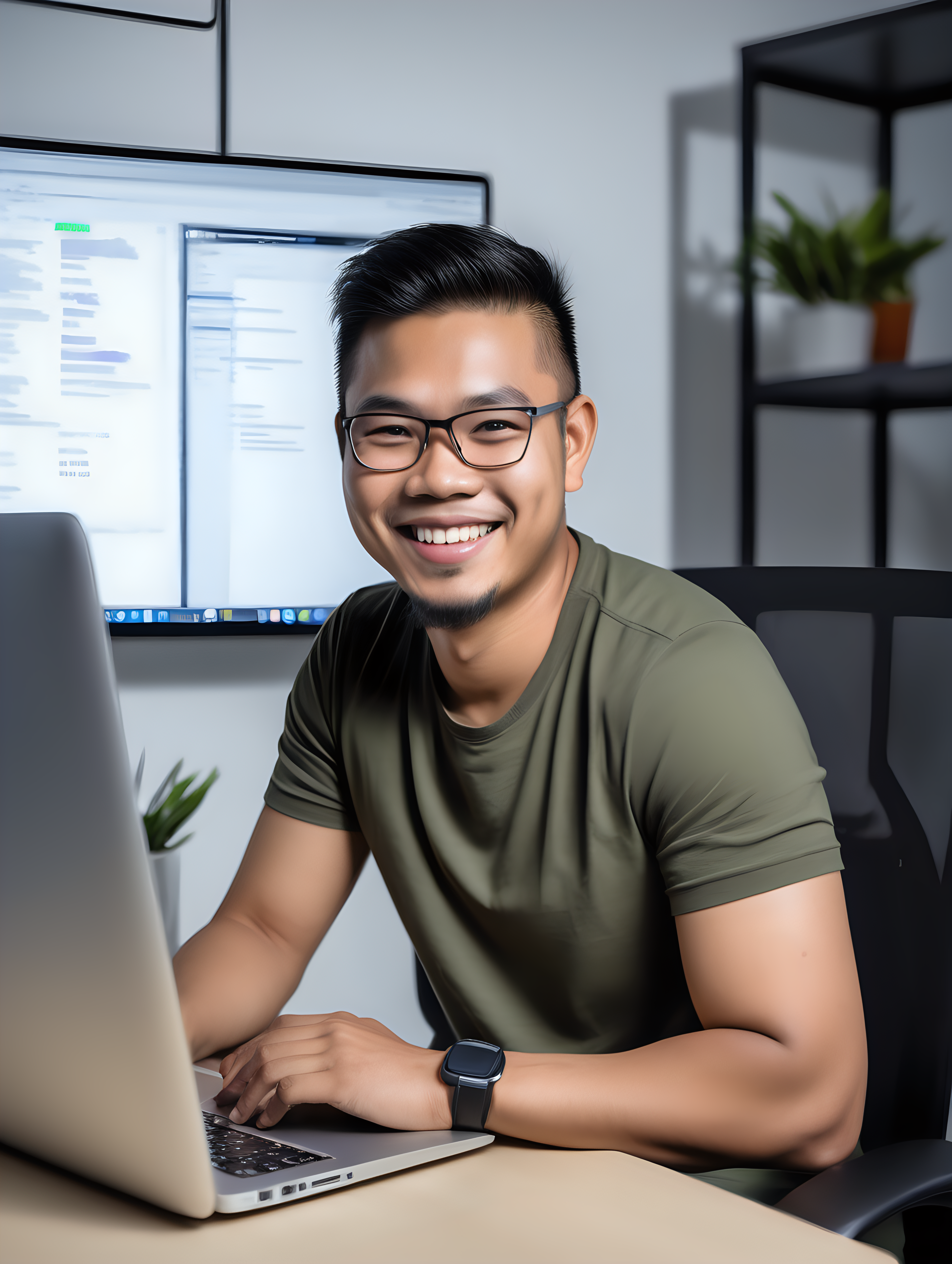 Good looking filipino Software developer sitting at his desk and smiling holding his laptop under the other arm, with software development desk scene in the background

