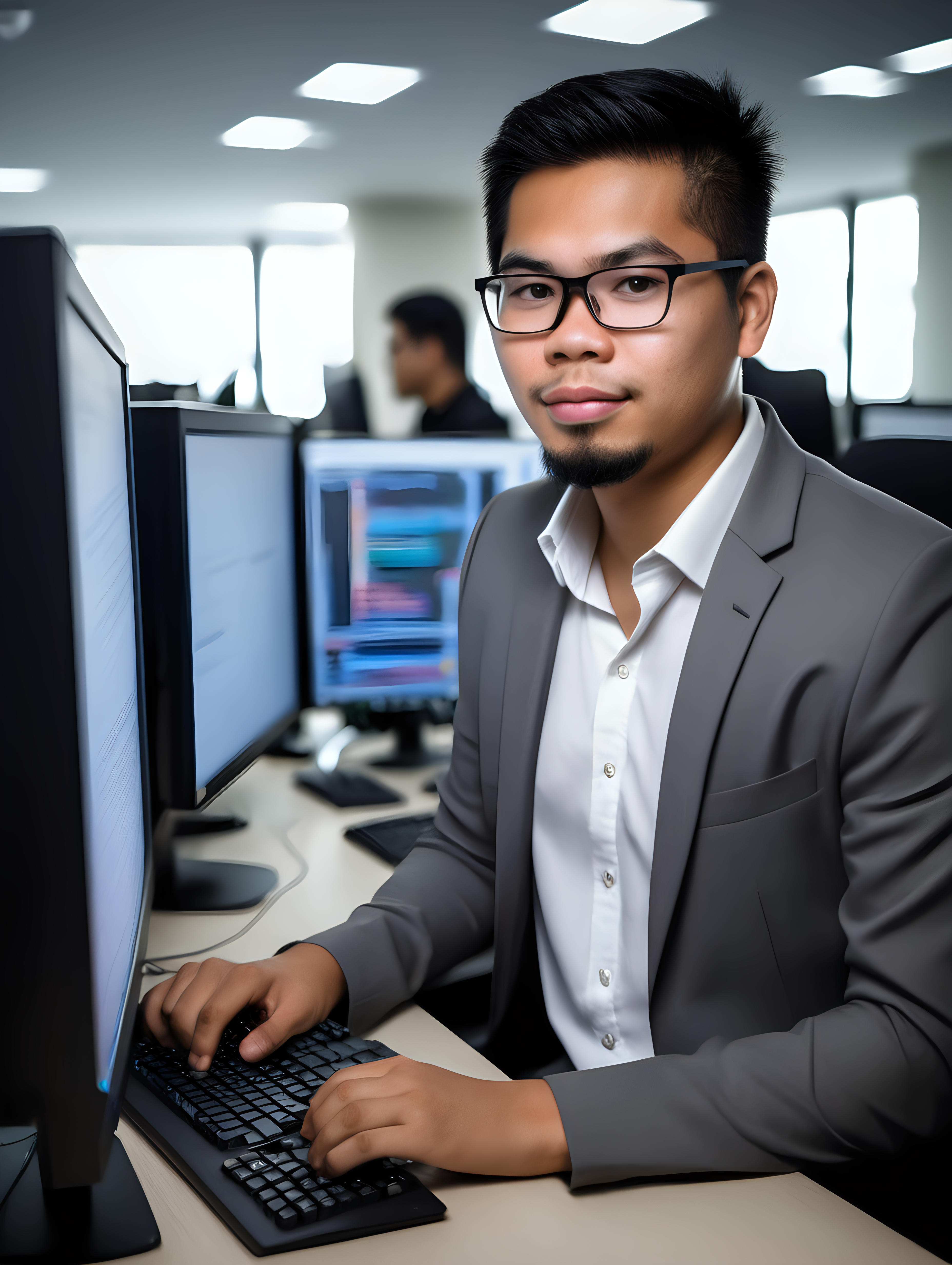 Good looking filipino Software developer working at his computer in a banking environment
