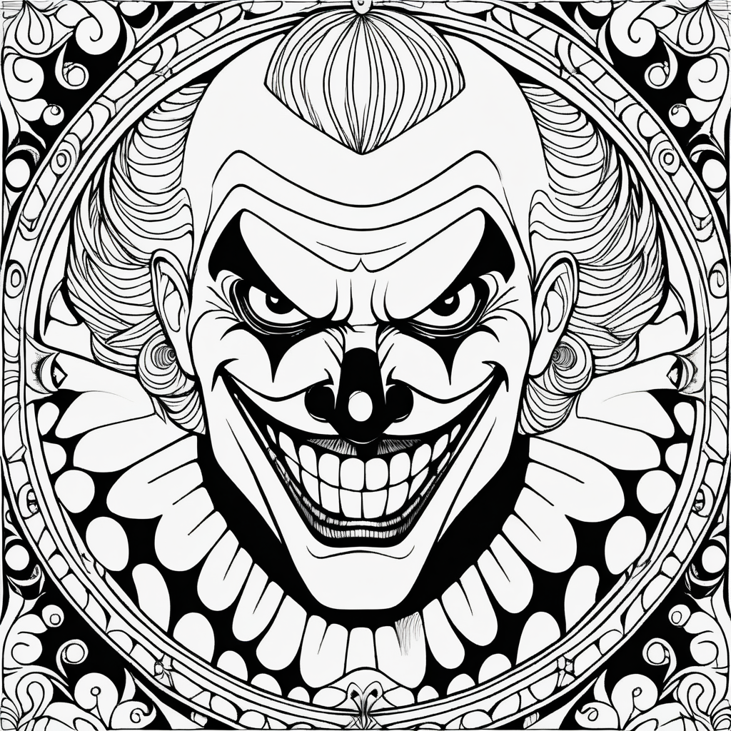 adult coloring page, black & white, strong lines, high details, symmetrical mandala, evil clown in style of joker