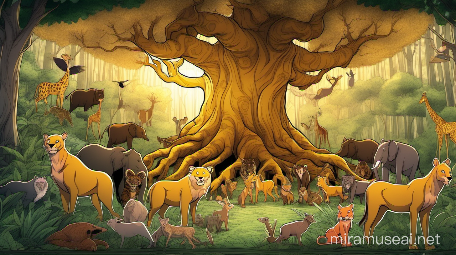 Wide shot of a glowing big golden tree centre of dense forrest surrounded by wild animals in cartoon format