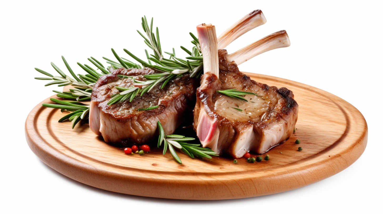lamb chop with rosemary on wooden plate, isolated on white background
