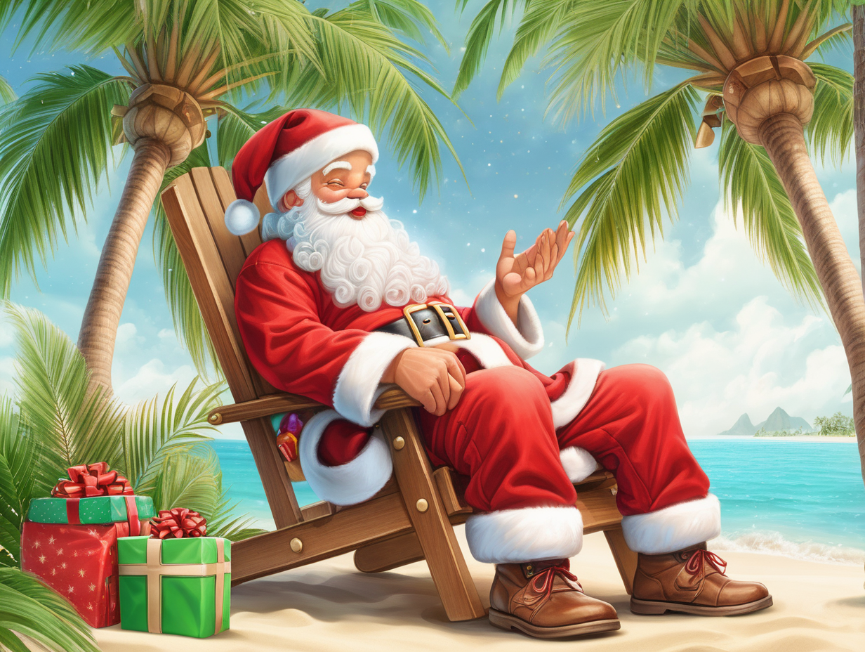 Santa Claus is resting under palm trees