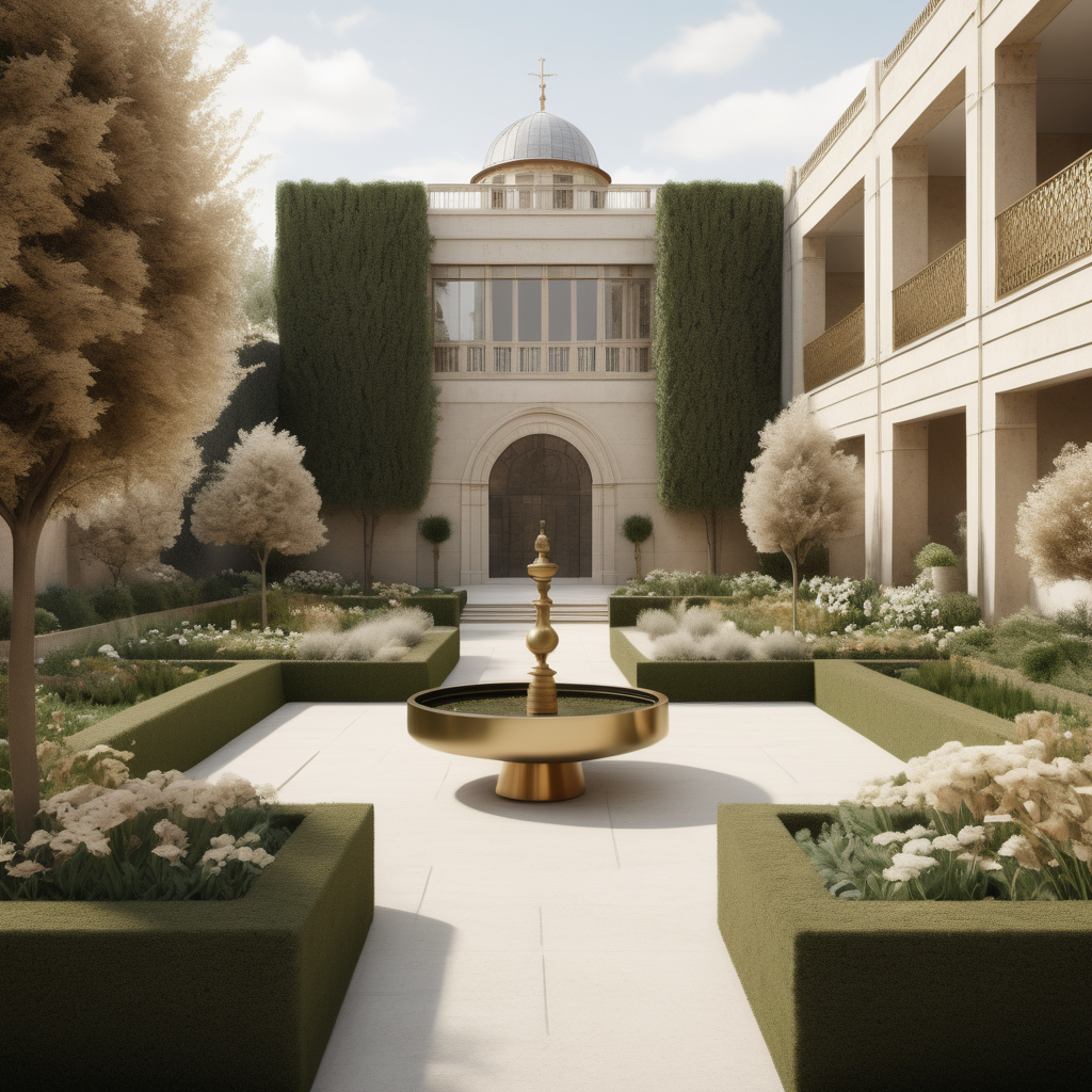 a hyperrealistic image of a grand modern estate garden, inspired by Jerusalem; Beige, oak, brass colour palette; 
