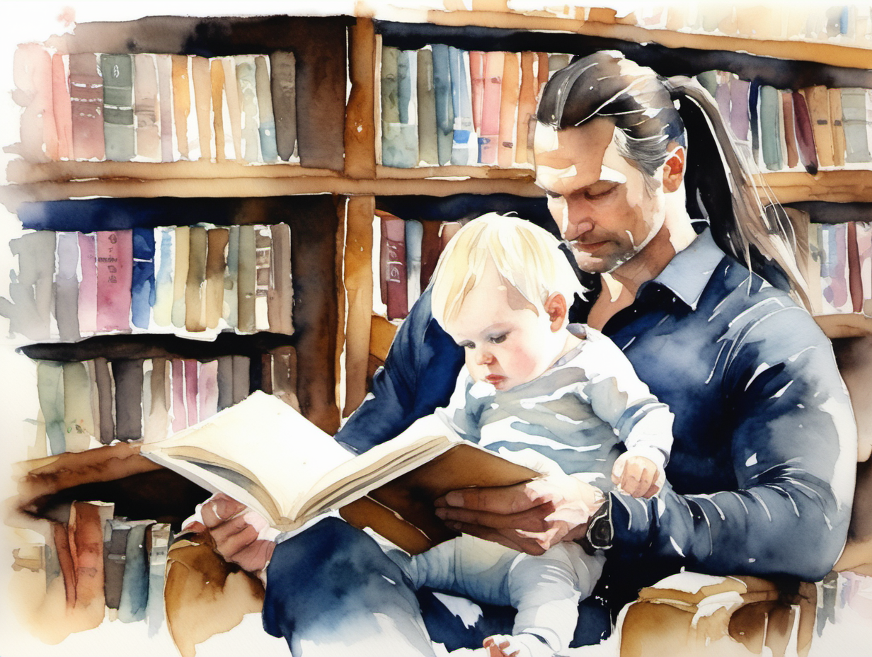 A water Colour painting of a 40yr old man with long dark hair in a ponytail in a library reading to a blond baby

