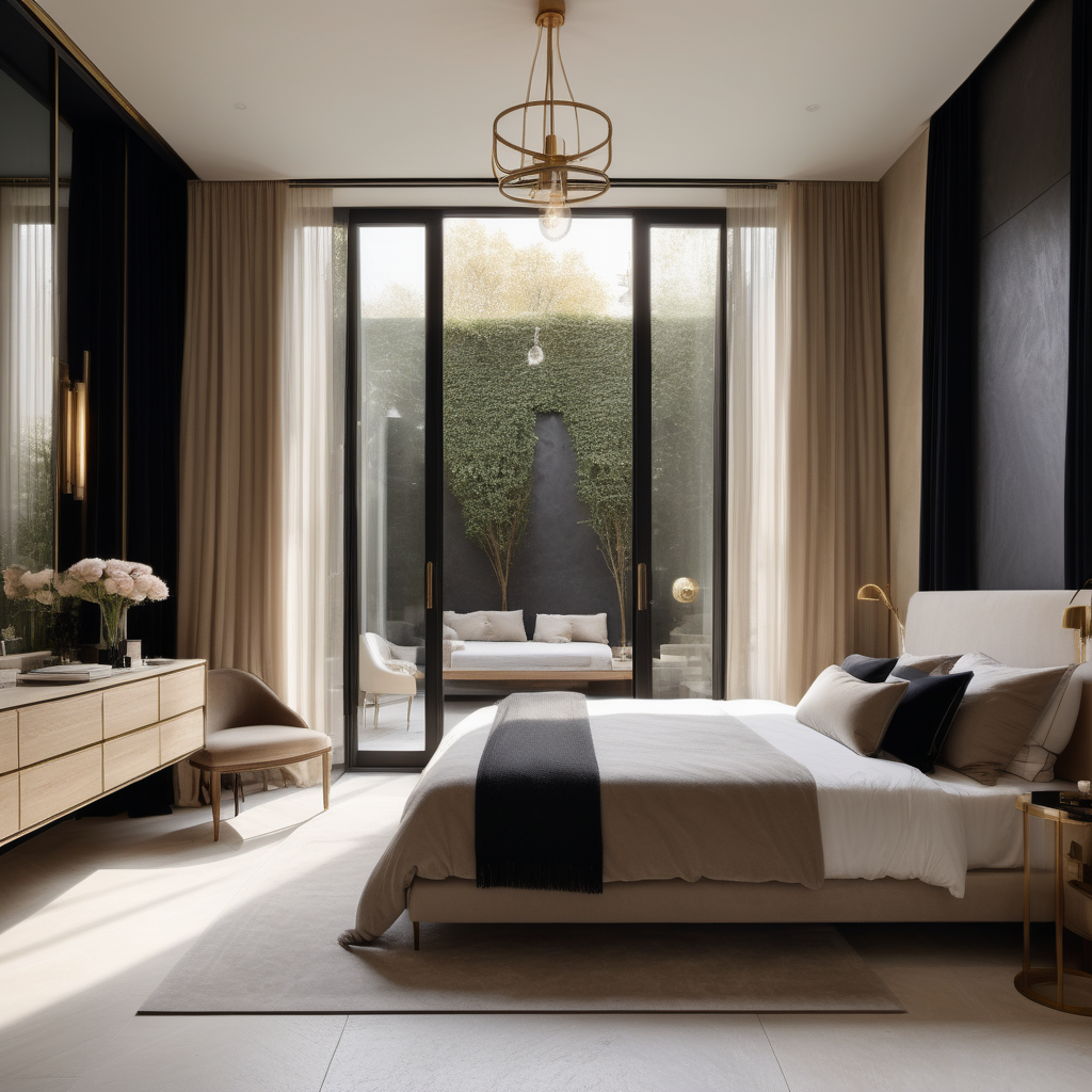 hyperrealistic of an elegant modern Parisian Master Bedroom; large glass doors opening to the private courtyard with garden beds; vanity table; kind bed; floor to ceiling windows ; curtains; mood lighting;  Limestone flooring; beige, oak, brass and accents of black colour palette; modern brass pendant light
