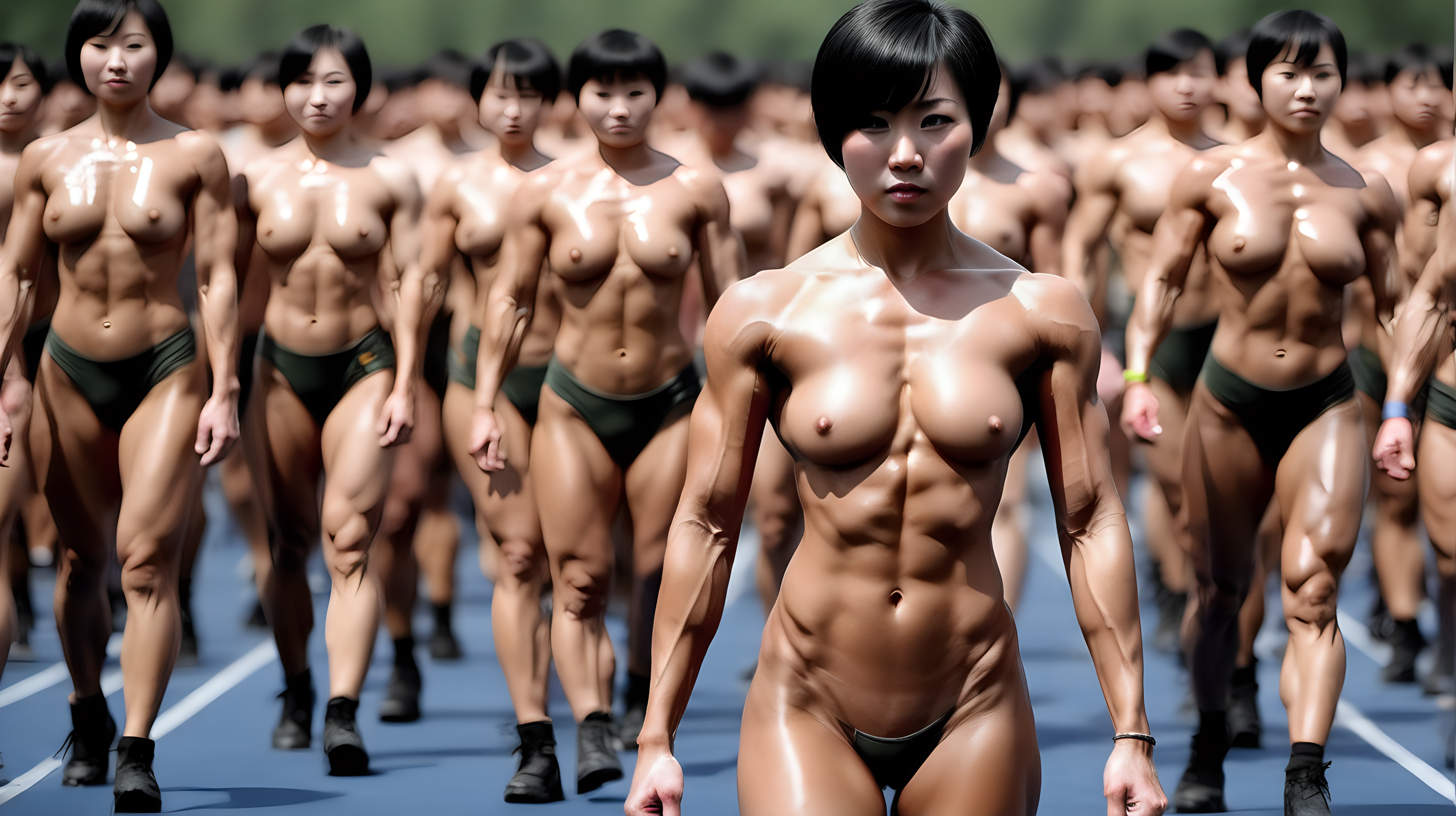中国女兵
短发
黑发
满身汗水
裸体
皮肤黝黑
参加健美大赛