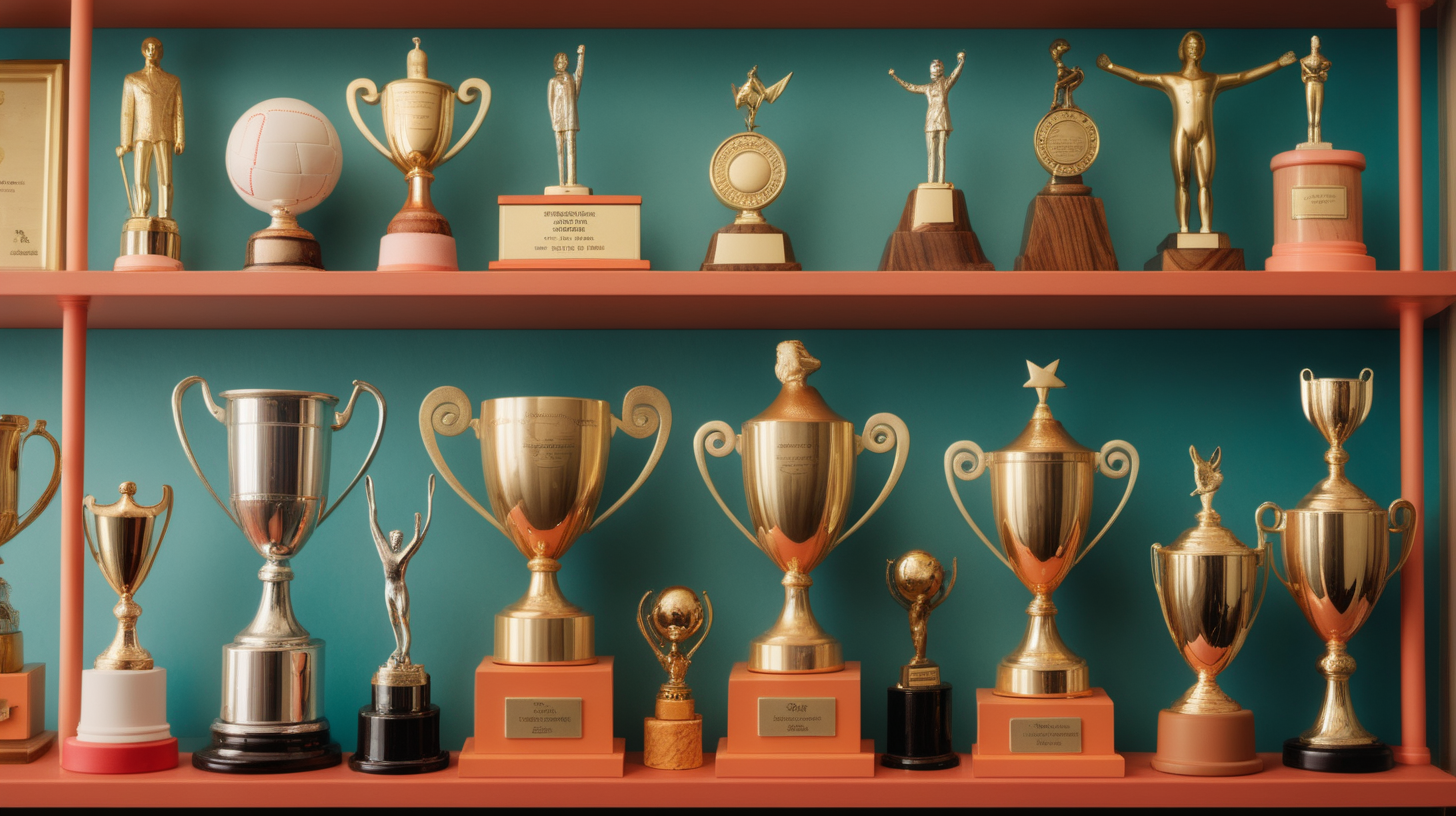 close up, high quality photograph of 10 various trophies and awards on a shelf in the style of a wes anderson movie
