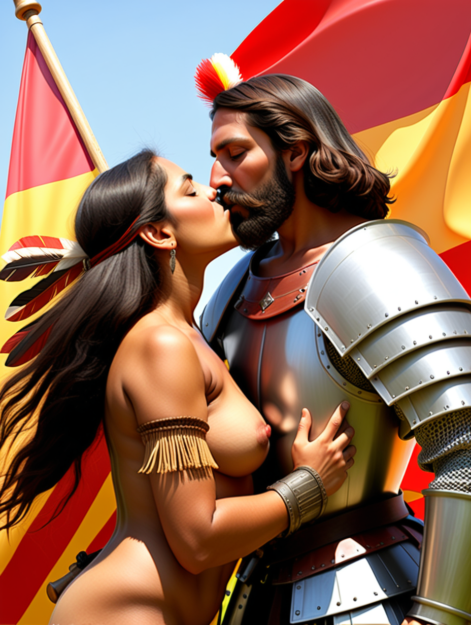 Pizarro el conquistador en armadura y con barba española besa mujer indígena desnuda.bandera de los tercios