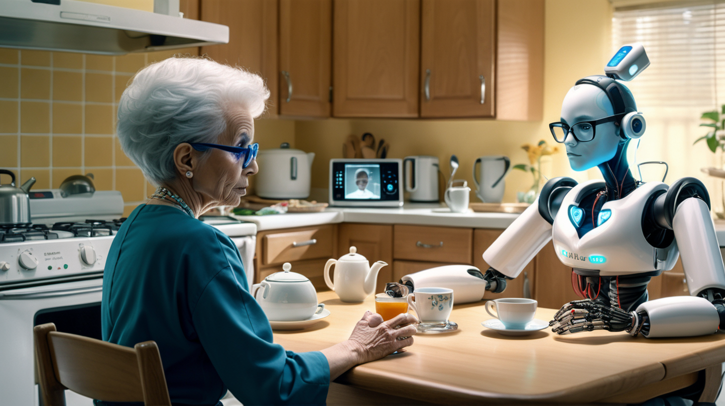 This takes place in the future, there is a monitor embedded  in the kitchen  wall in the background. The kitchen is uncluttered.  The monitor shows  the heart rate and health of the 80 year old woman. 
A robotic nurse takes the blood pressure of a 80 year old human woman sitting on a table.
A 50 year old daughter (bleach blond shaved head with big black glasses) serve tea at the table. 